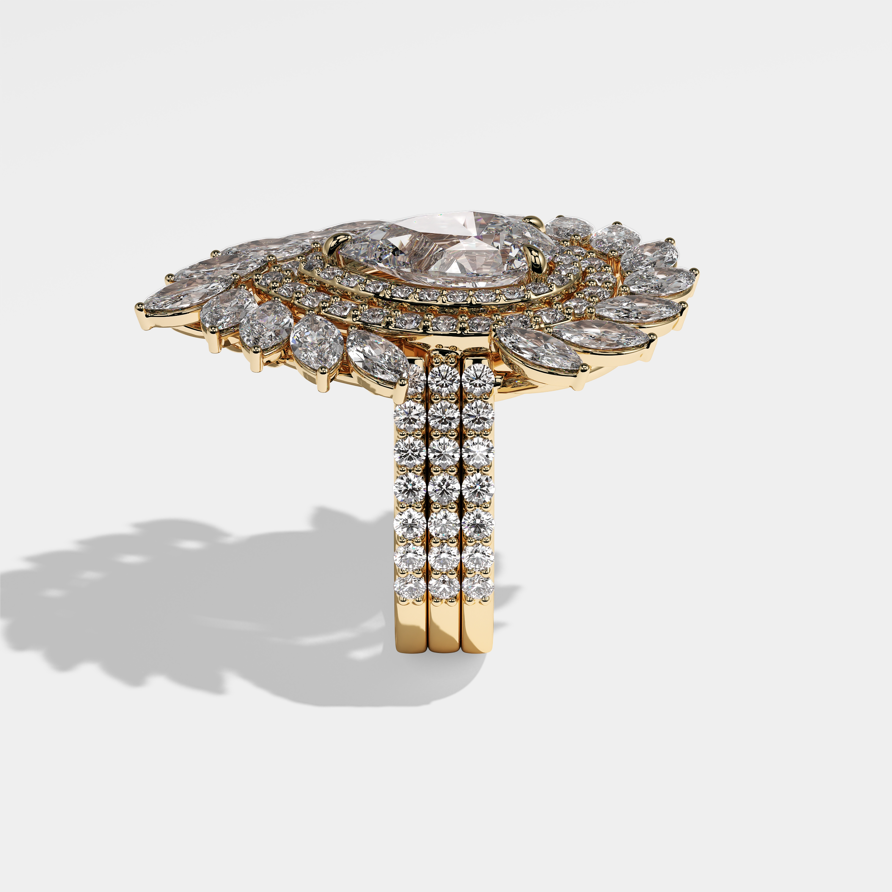 Miriam pear halo diamond engagement ring in 18K yellow gold by Kurbãni Durjini, side view