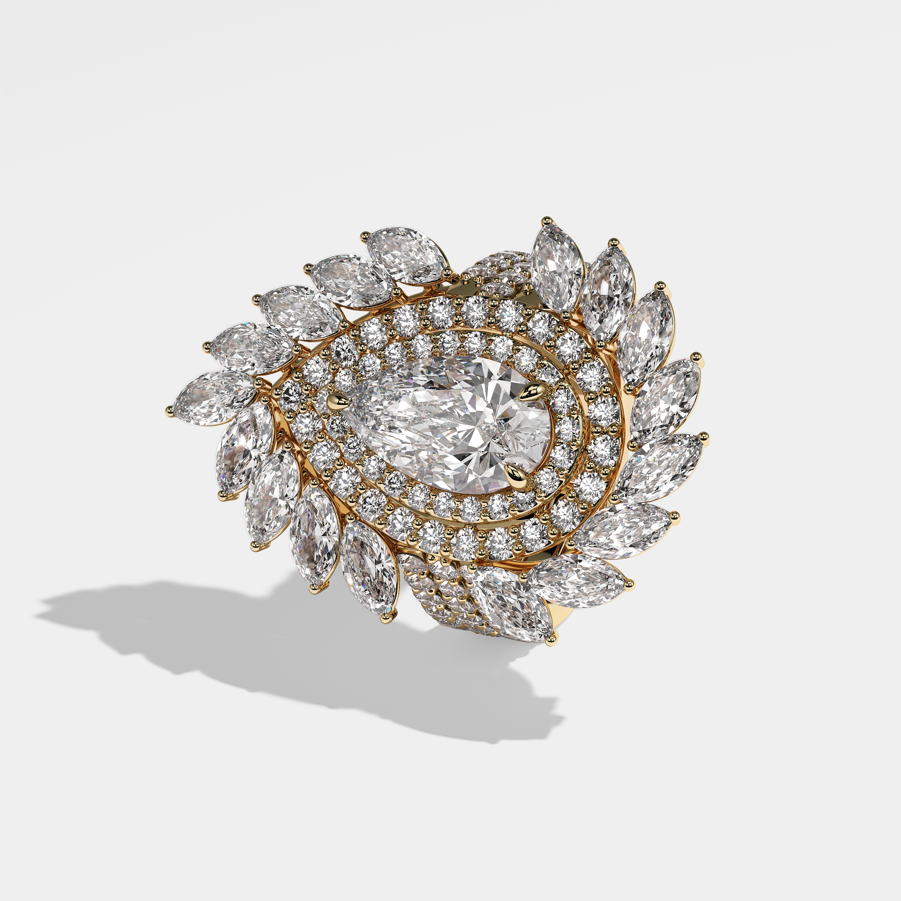 Miriam pear halo diamond engagement ring in 18K yellow gold by Kurbãni Durjini, left view