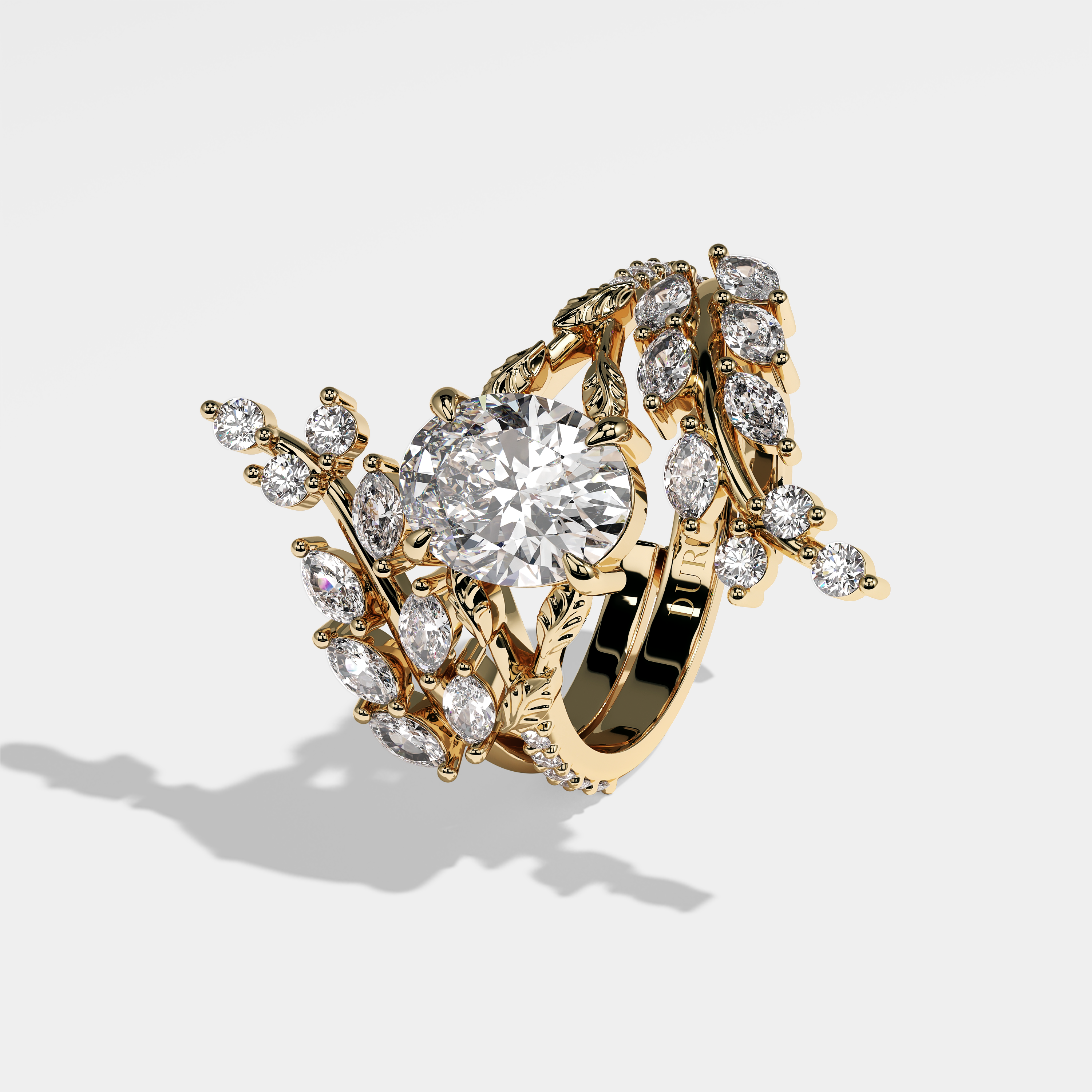 Marta oval halo diamond engagement ring in 18K yellow gold by Kurbãni Durjini, left view