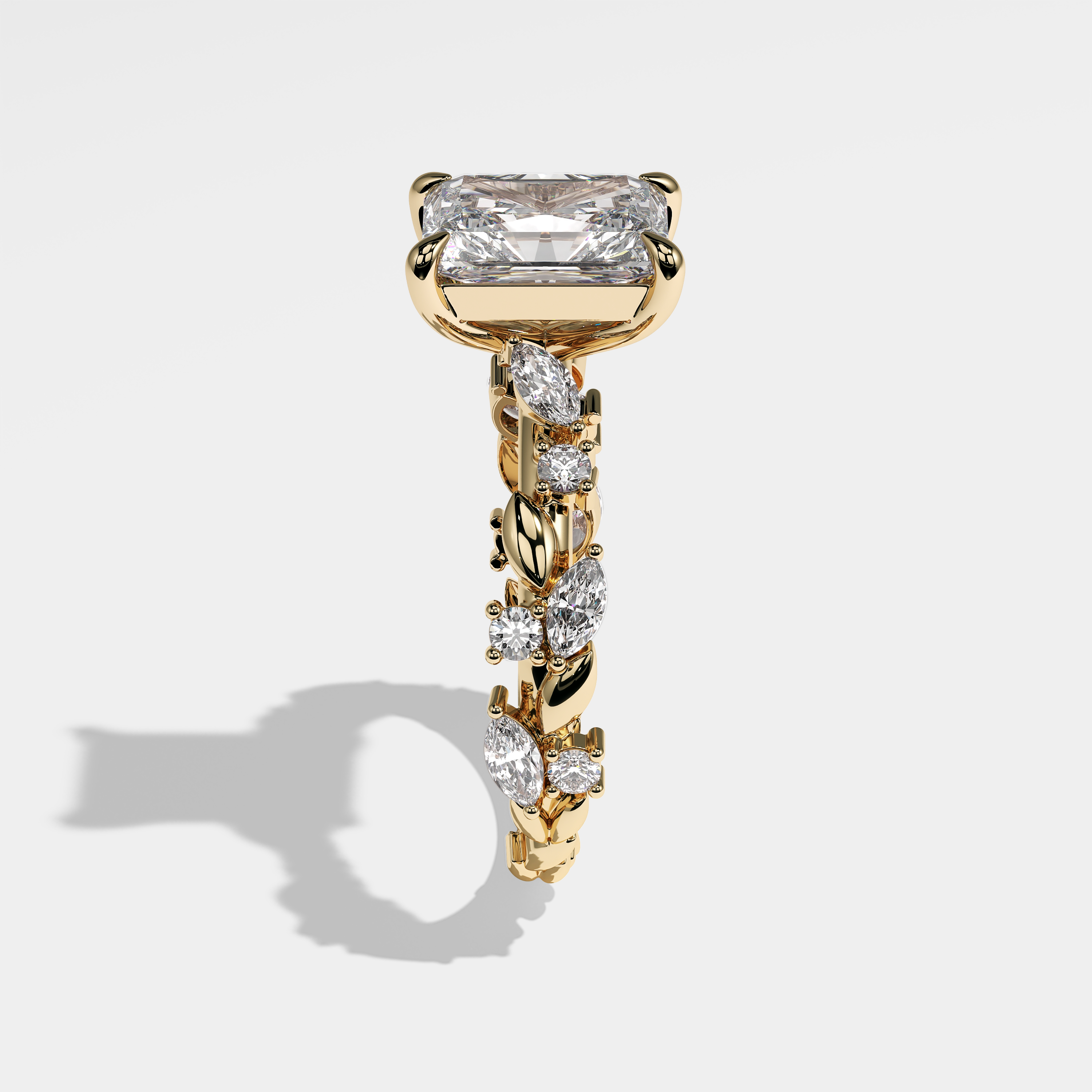 Side View – Kurbãni Durjini Mackenna Diamond Radiant Engagement Ring Yellow Gold