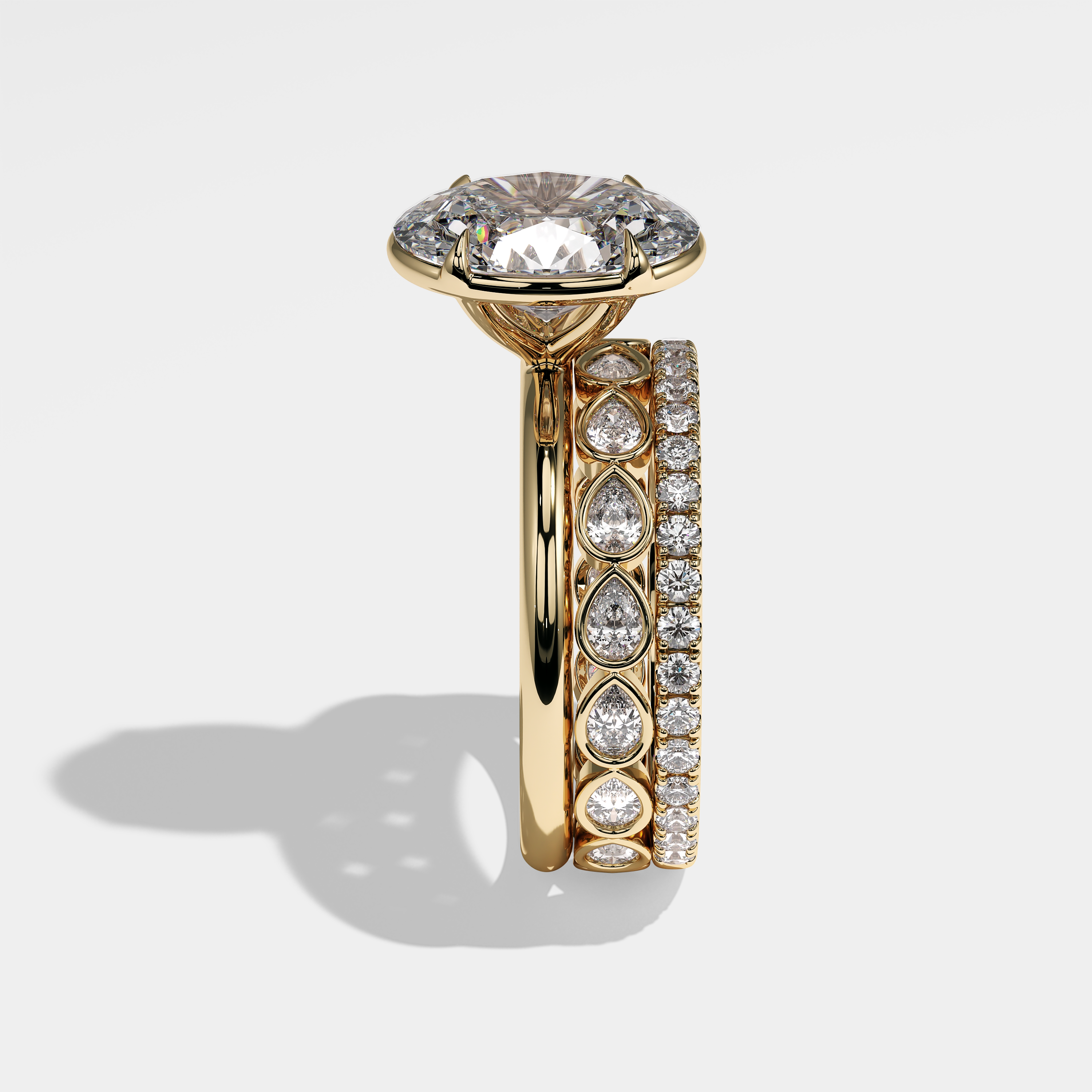 Side View – Kurbãni Durjini Morgan Diamond Oval Halo Engagement Ring Yellow Gold (Set Of 3 Rings)