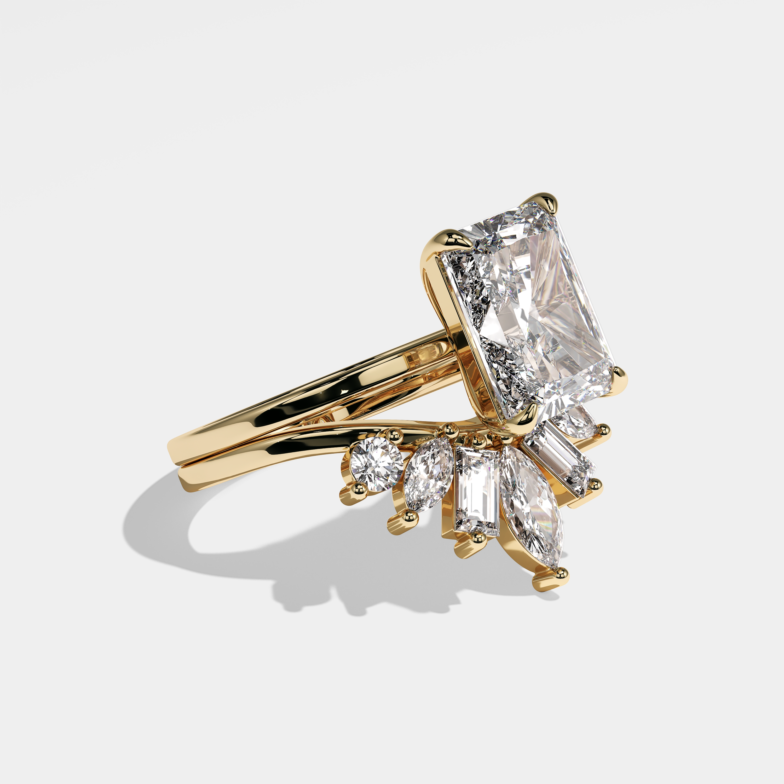 Right View – Kurbãni Durjini Matilda Diamond Radiant Engagement Ring Yellow Gold (Set of 2)