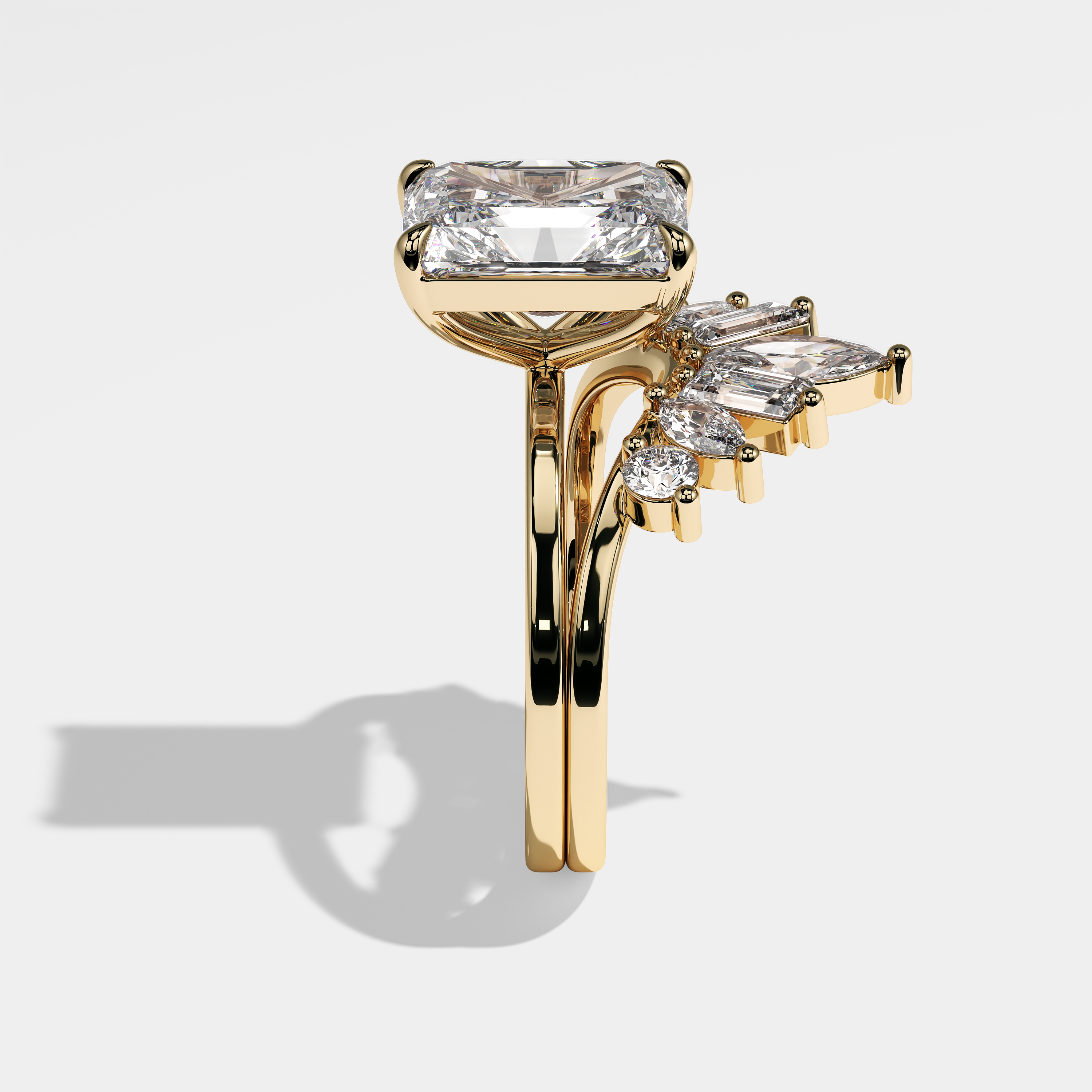 Side View – Kurbãni Durjini Matilda Diamond Radiant Engagement Ring Yellow Gold (Set of 2)