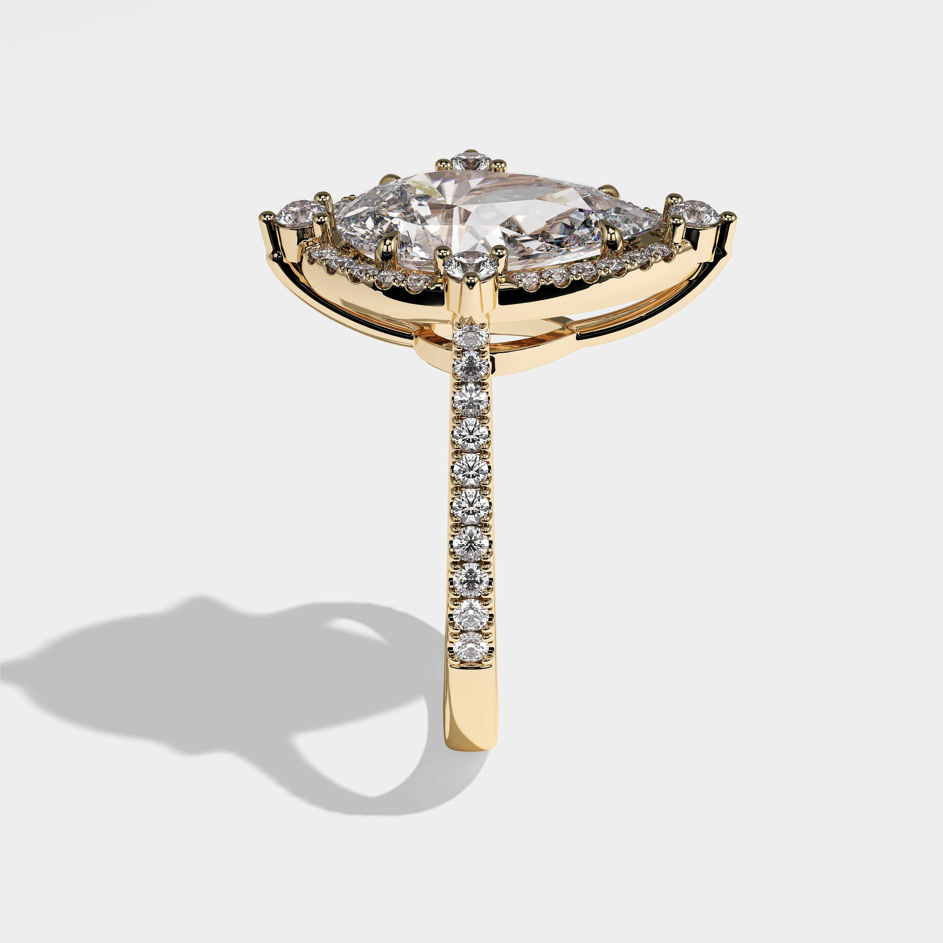 Side View – Kurbãni Durjini Mallory Diamond Pear Halo Engagement Ring Yellow Gold