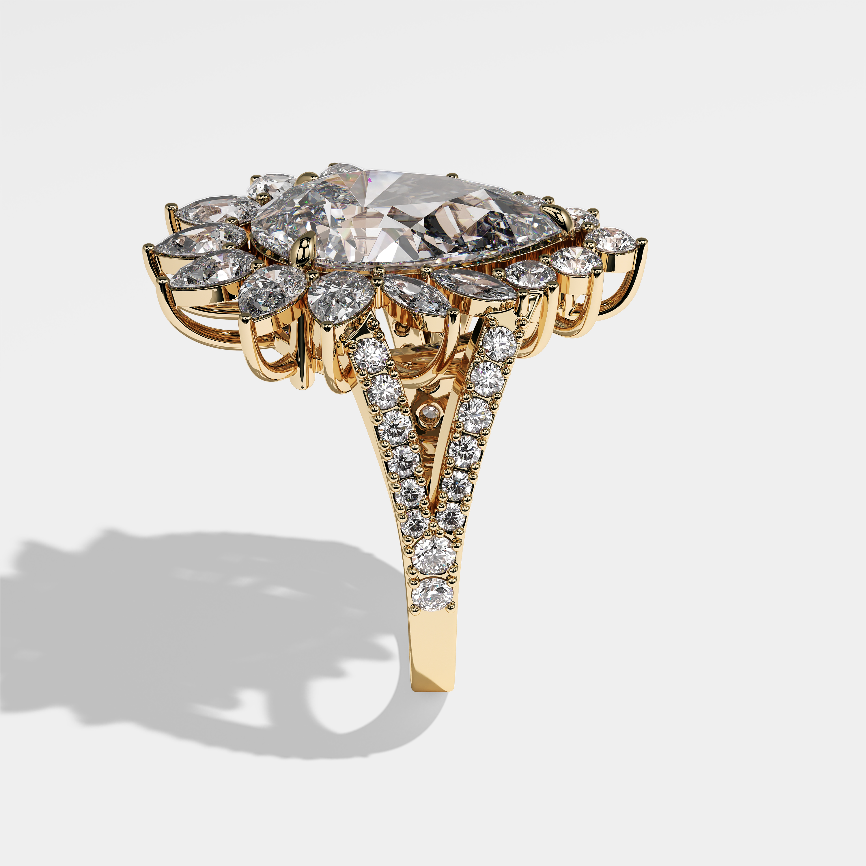 Side View – Kurbãni Durjini Maisie Diamond Pear Halo Engagement Ring Yellow Gold