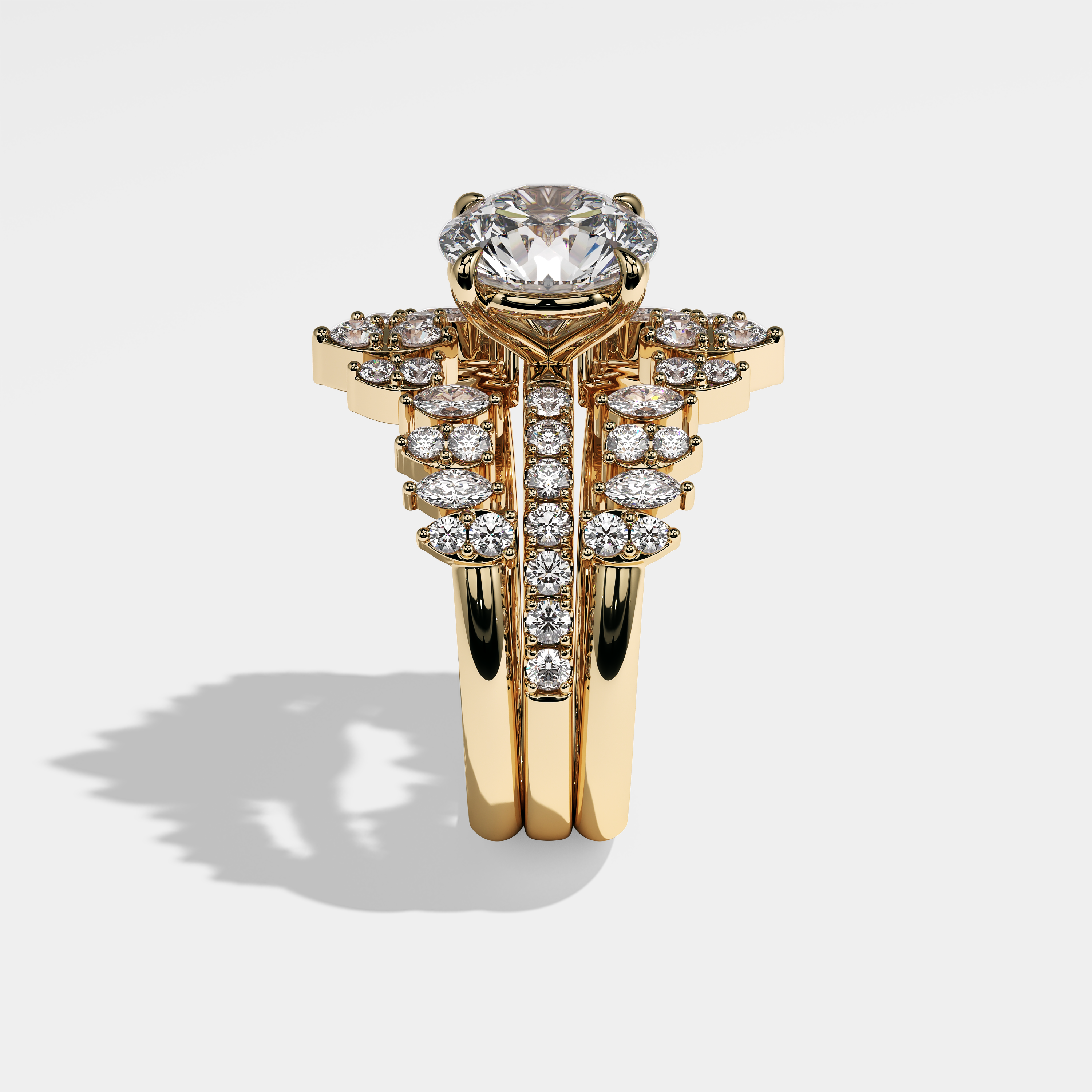 Side View – Kurbãni Durjini Mavis Diamond Round Brilliant Engagement Ring Yellow Gold (Set of 3)