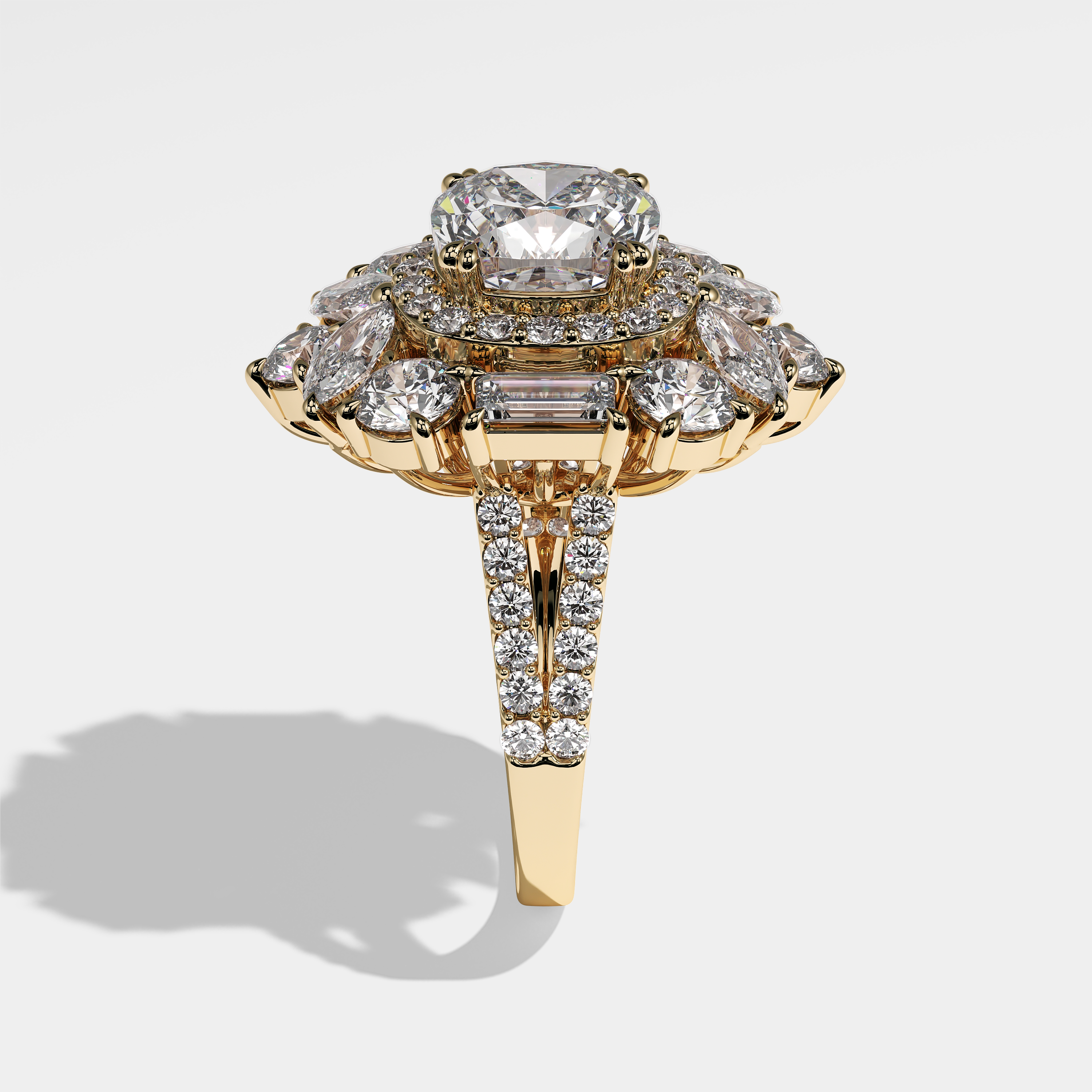 Side View – Kurbãni Durjini Yvonne Diamond Cushion Engagement Ring Yellow Gold