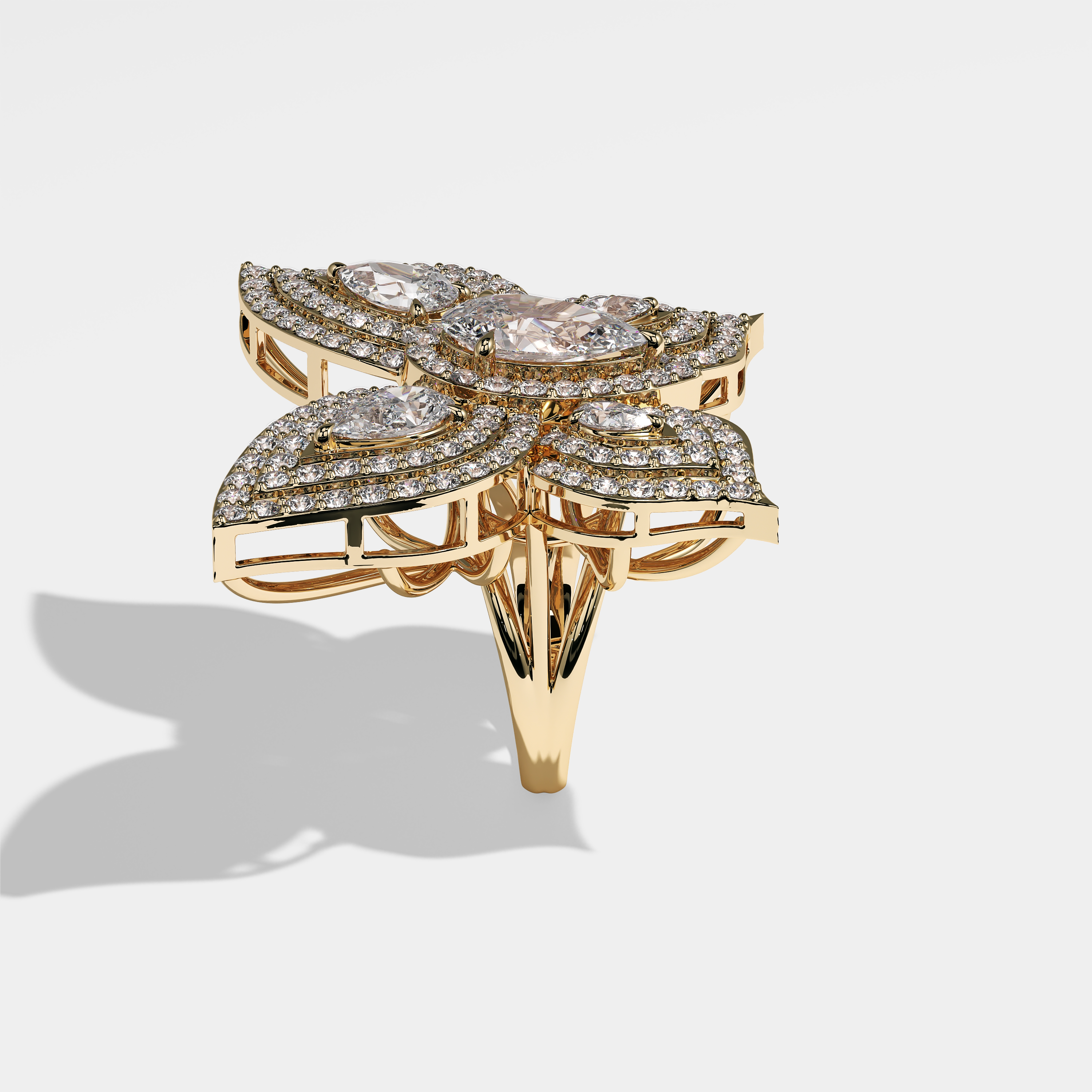 Side View – Kurbãni Durjini Jaelyn Diamond Pear Halo Butterfly Engagement Ring Yellow Gold