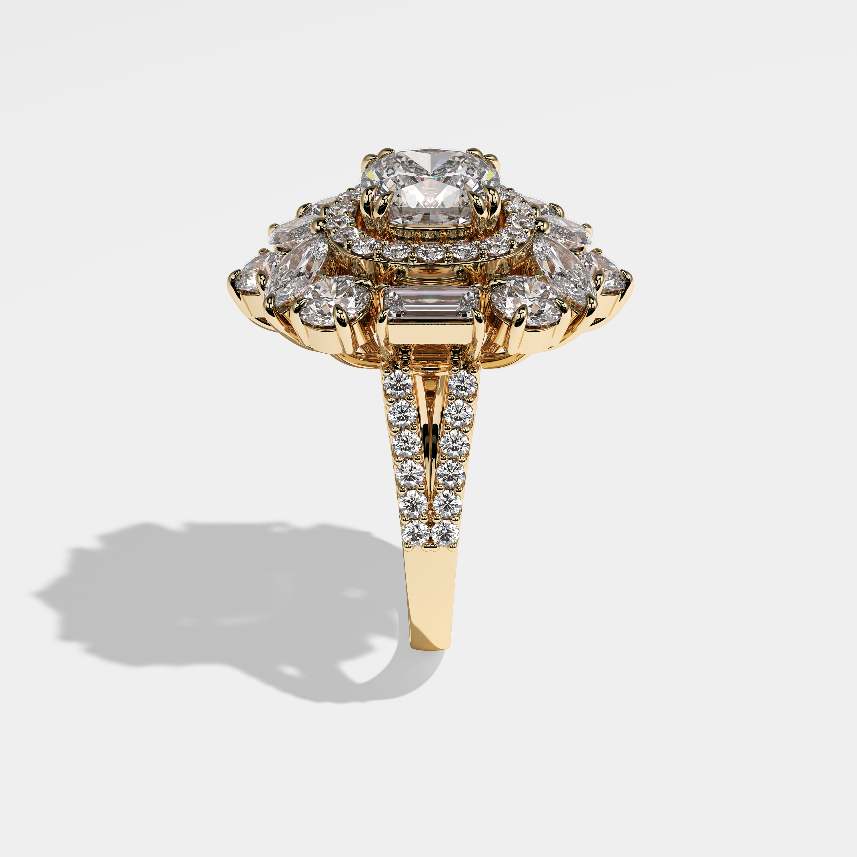 Side View – Kurbãni Durjini Journey Diamond Cushion Engagement Ring Yellow Gold