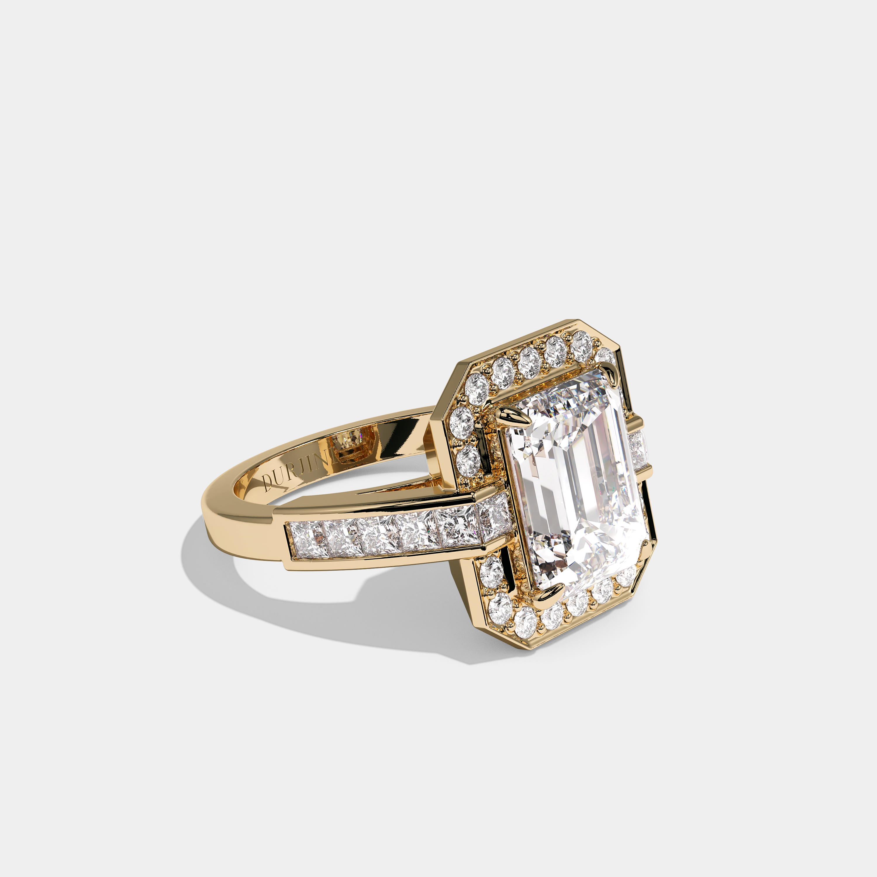 Right View – Kurbãni Durjini Bexie Diamond Emerald Cut Halo Engagement Ring Yellow Gold