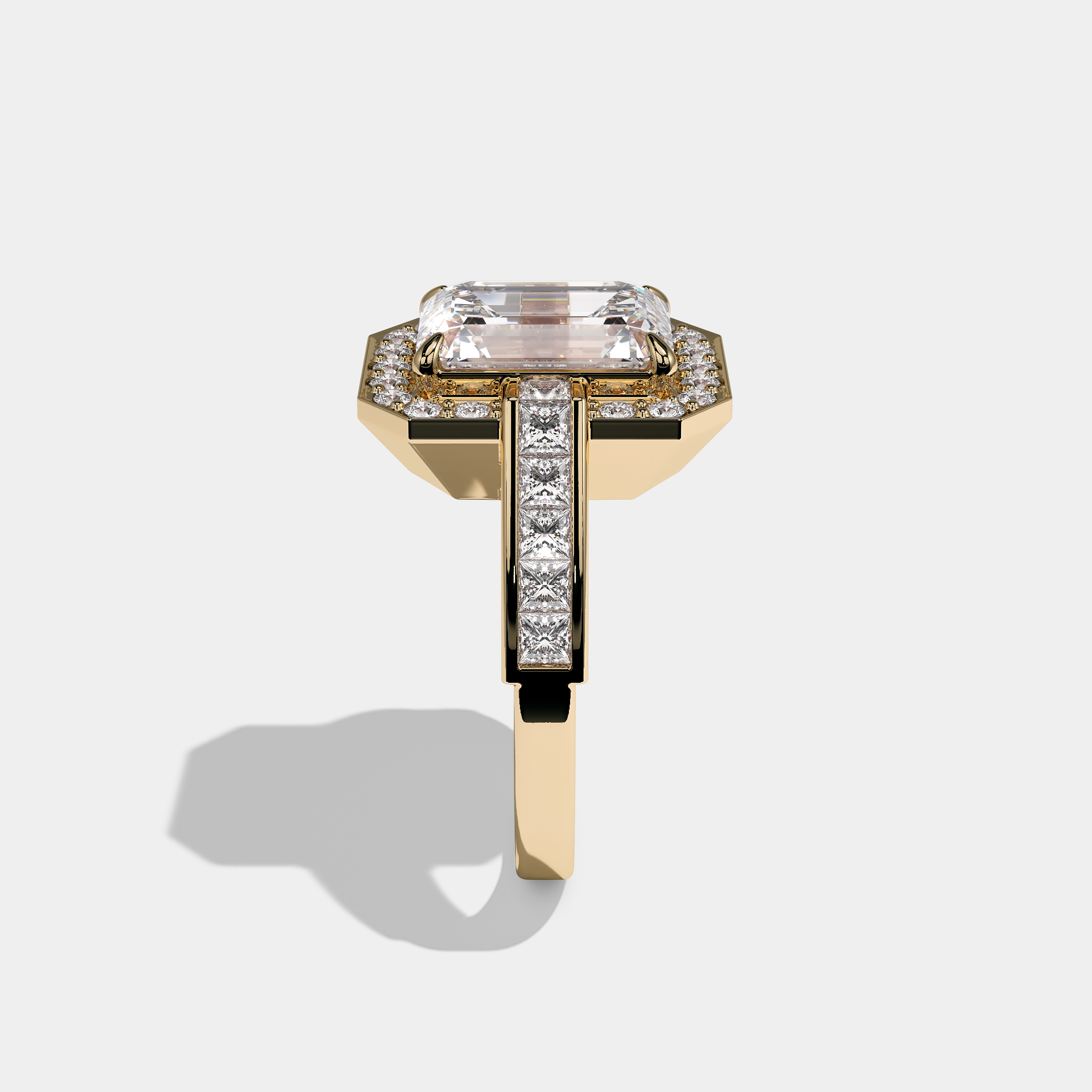 Side View – Kurbãni Durjini Bexie Diamond Emerald Cut Halo Engagement Ring Yellow Gold