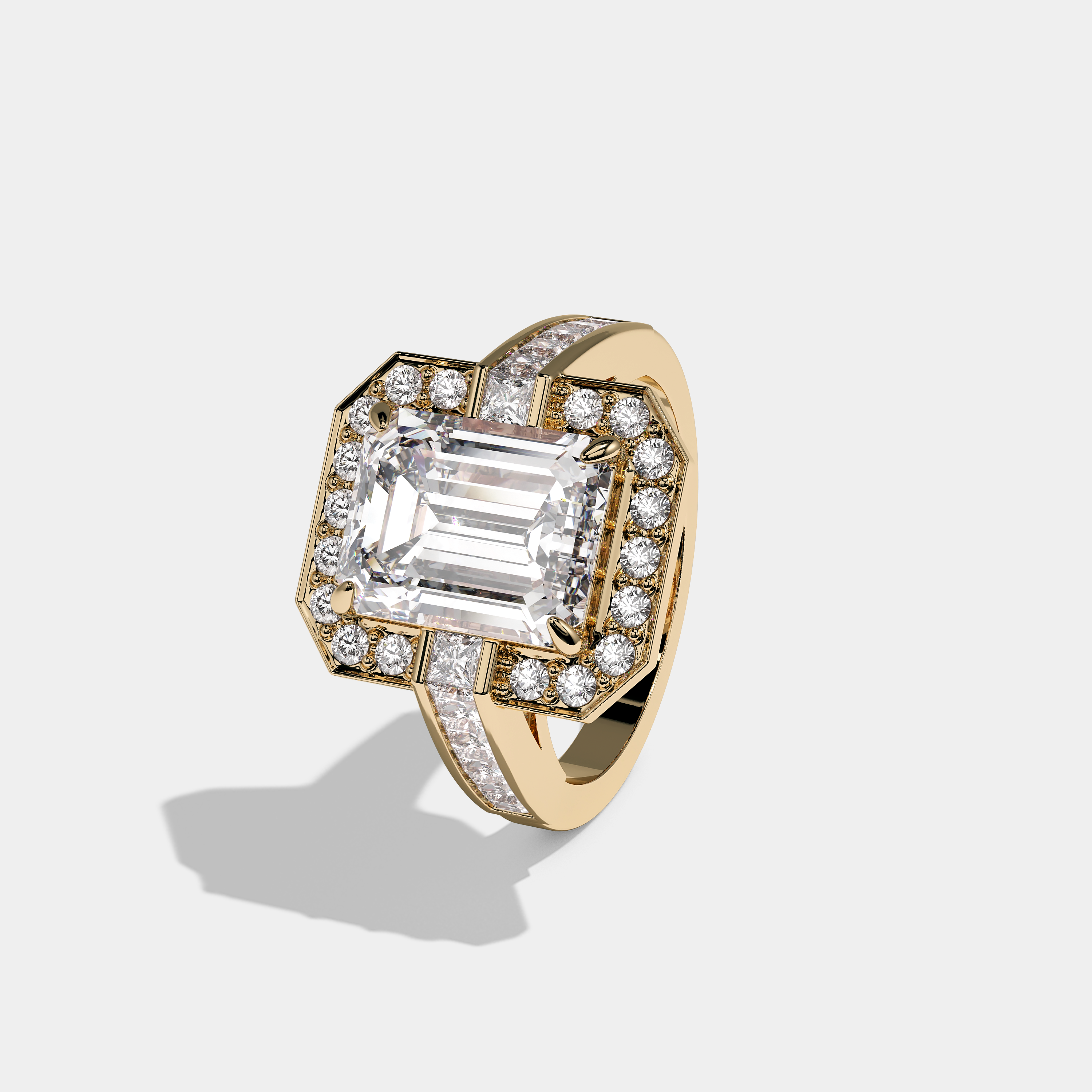 Left View – Kurbãni Durjini Bexie Diamond Emerald Cut Halo Engagement Ring Yellow Gold