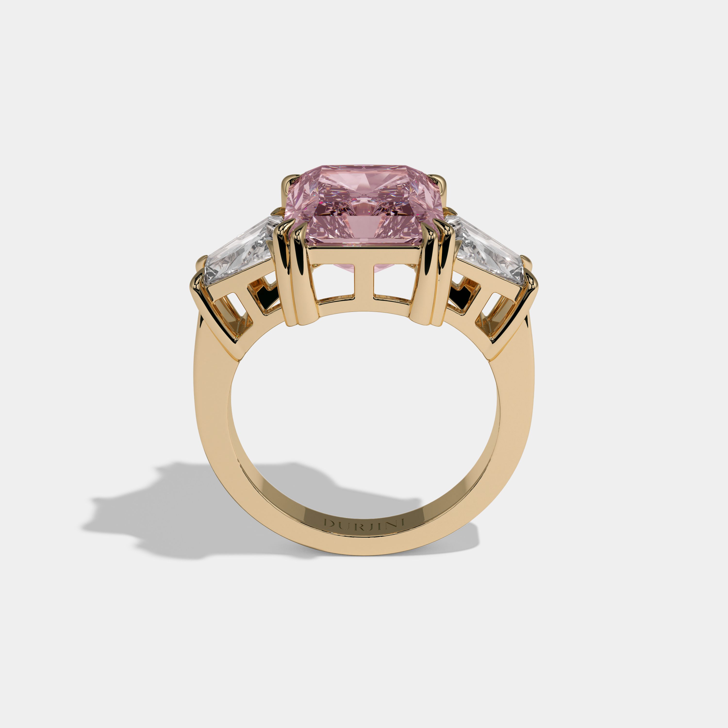 Eugenie Fancy Pink Radiant Cut Diamond Plain Band With Trapezoid Sides Engagement Ring 7ct 18K Yellow Gold