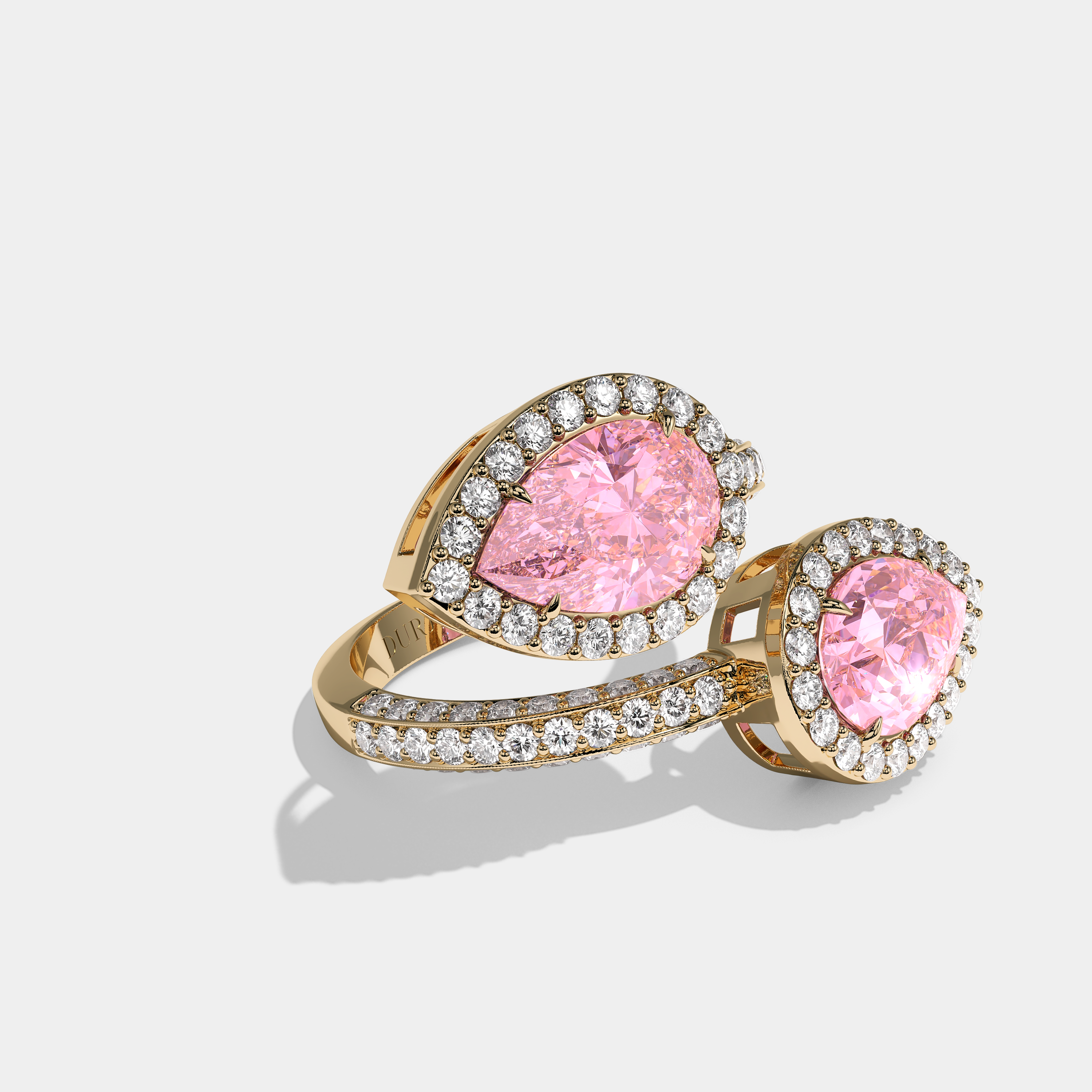 Right View – Kurbãni Durjini Luka Diamond Twin Pink Pear Cut Halo Engagement Ring Yellow Gold