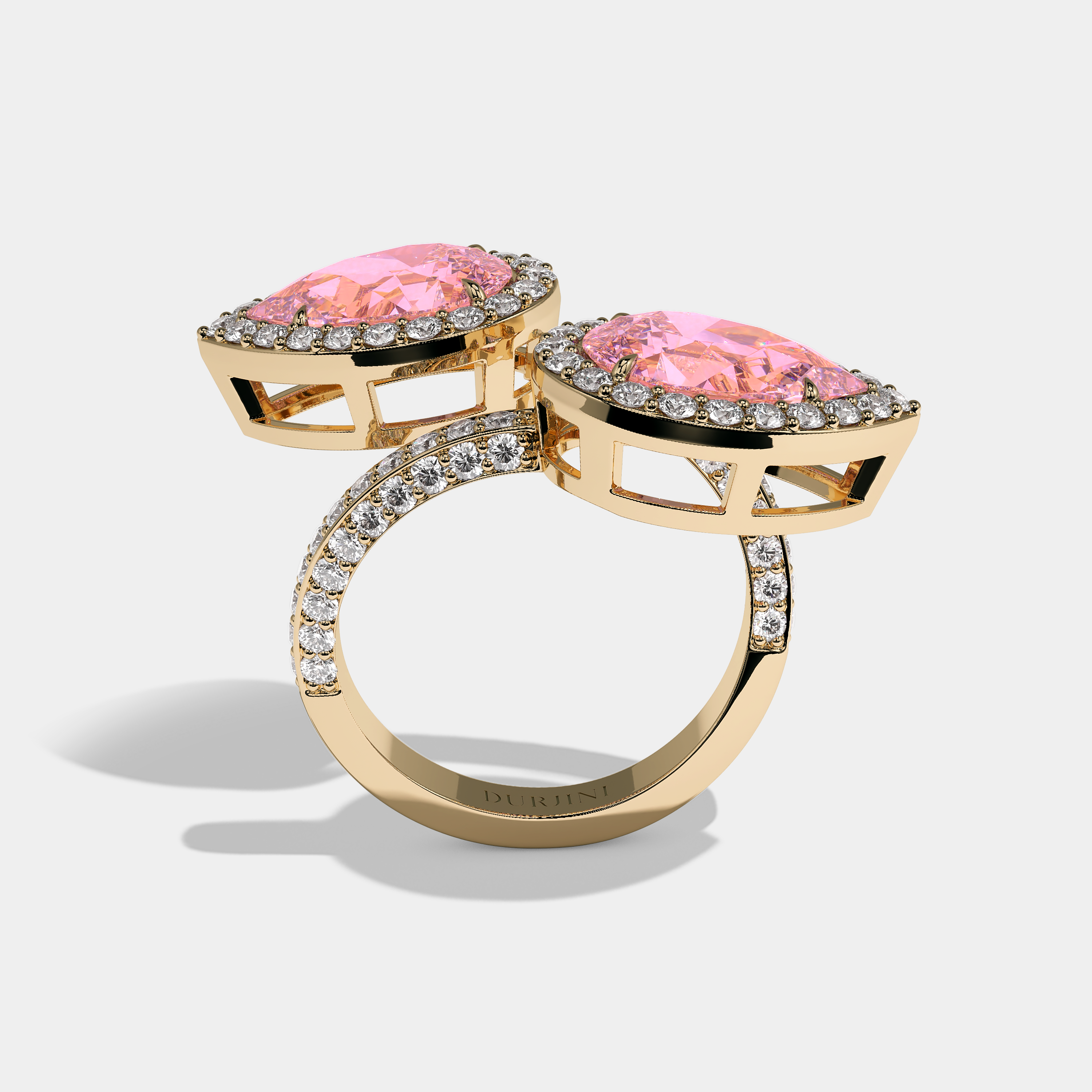 Full View – Kurbãni Durjini Luka Diamond Twin Pink Pear Cut Halo Engagement Ring Yellow Gold