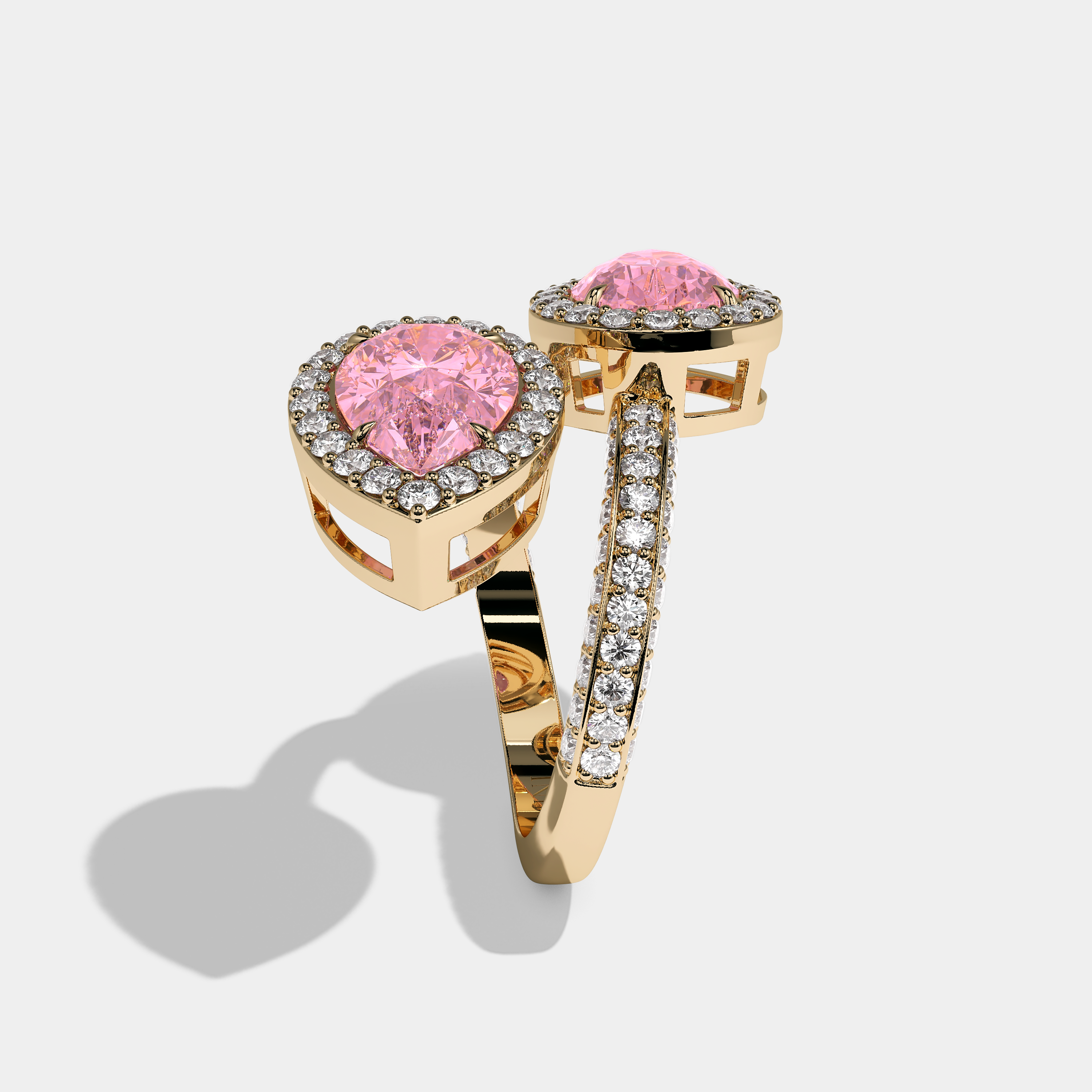 Side View – Kurbãni Durjini Luka Diamond Twin Pink Pear Cut Halo Engagement Ring Yellow Gold