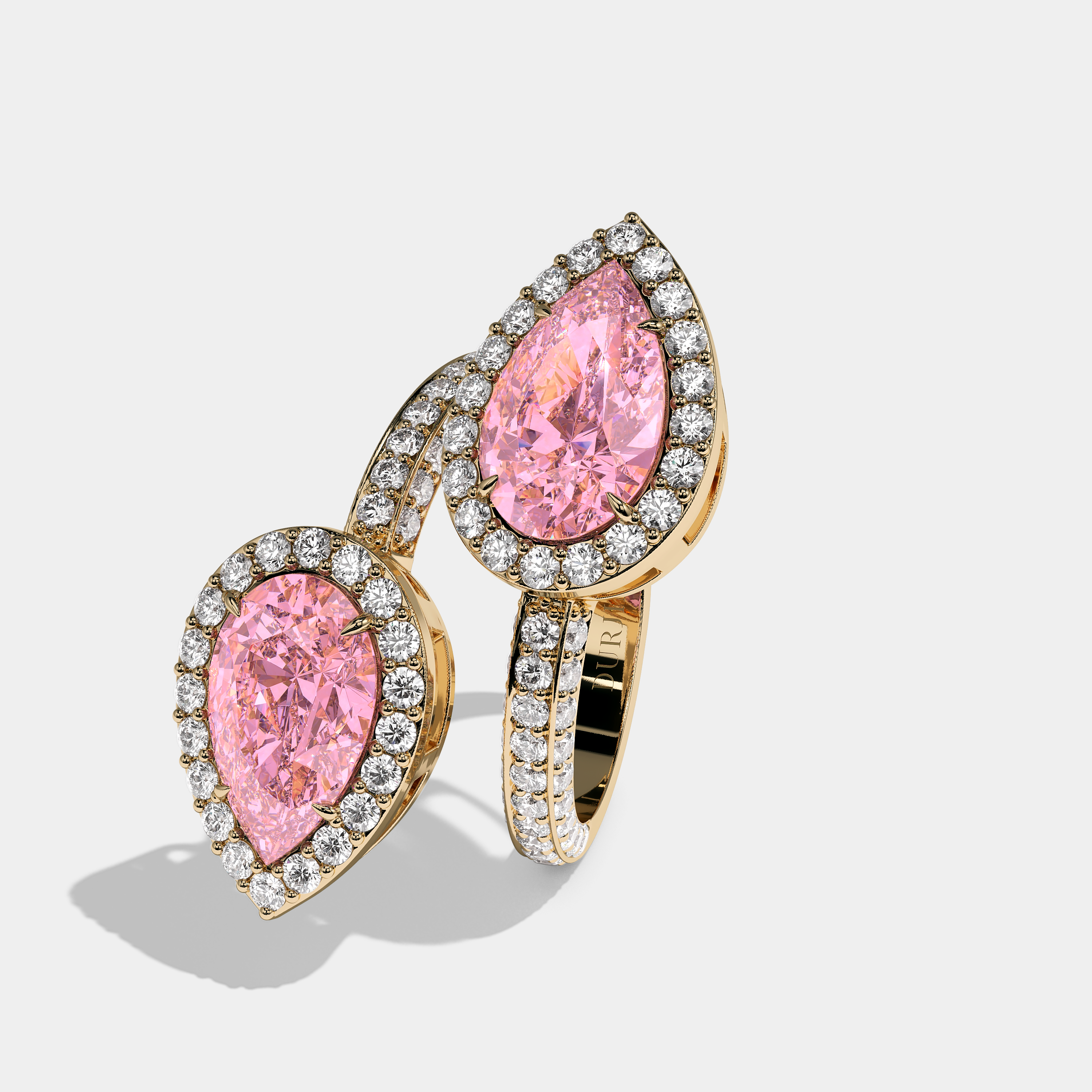 Left View – Kurbãni Durjini Luka Diamond Twin Pink Pear Cut Halo Engagement Ring Yellow Gold