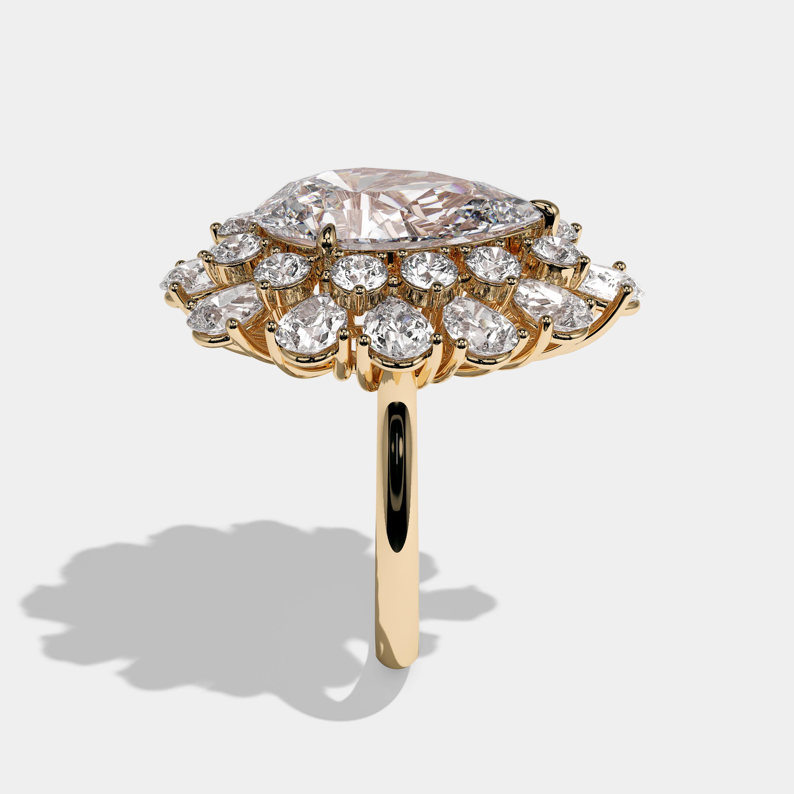 Side View – Kurbãni Durjini Aaliyah Diamond Pear Cut Halo Engagement Ring Yellow Gold