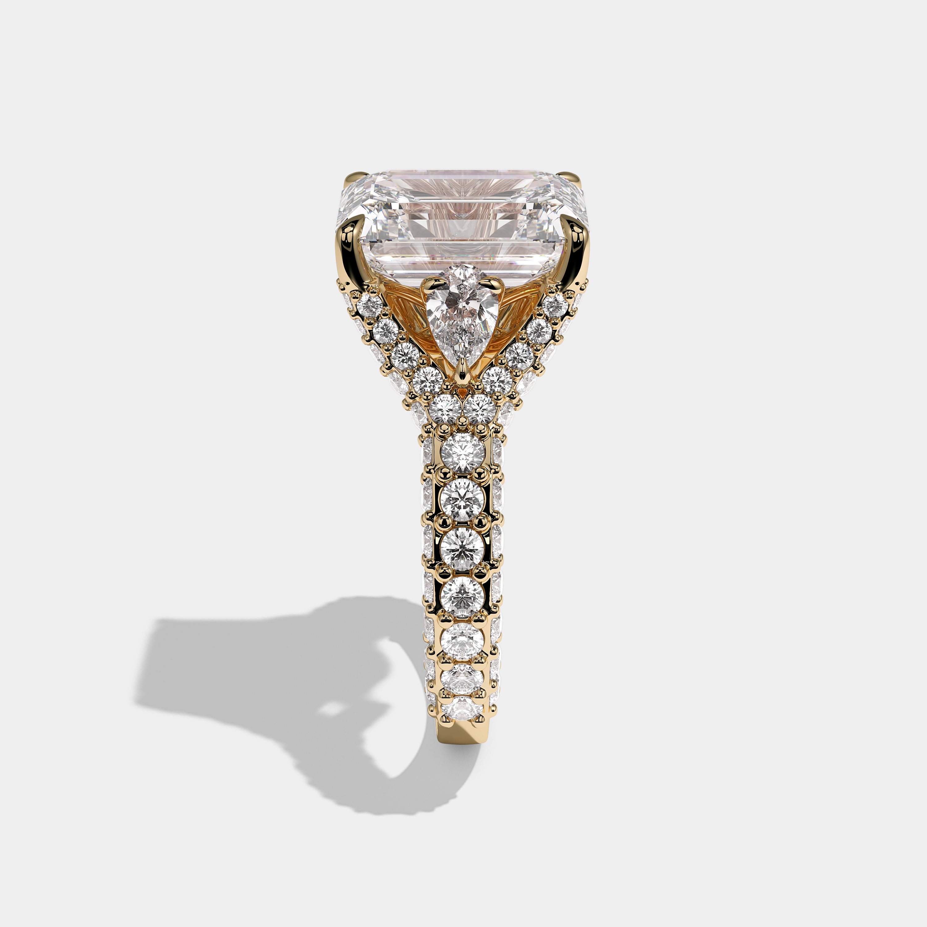 Side View – Kurbãni Durjini Tessa Diamond Emerald Cut Halo Engagement Ring Yellow Gold
