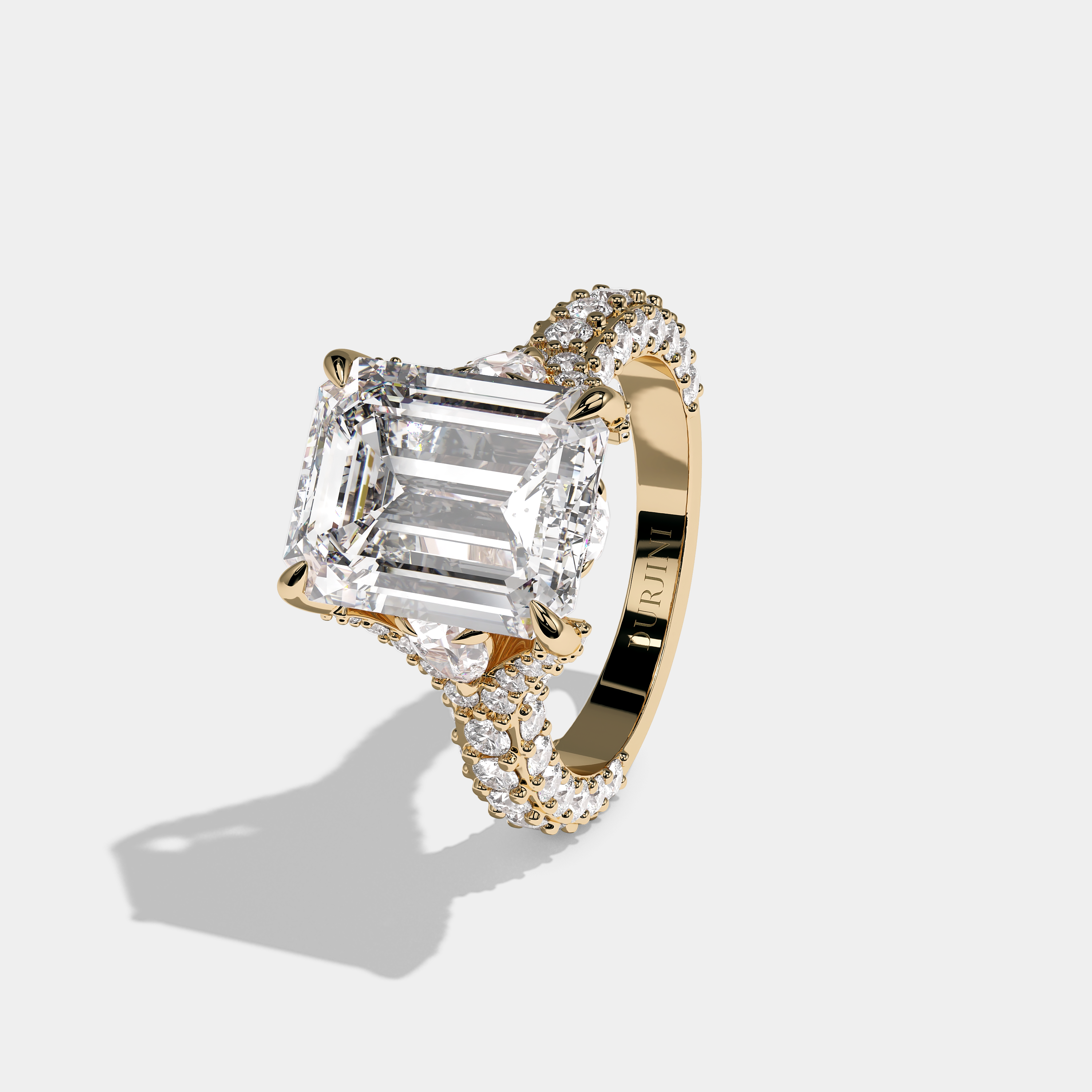 Left View – Kurbãni Durjini Tessa Diamond Emerald Cut Halo Engagement Ring Yellow Gold
