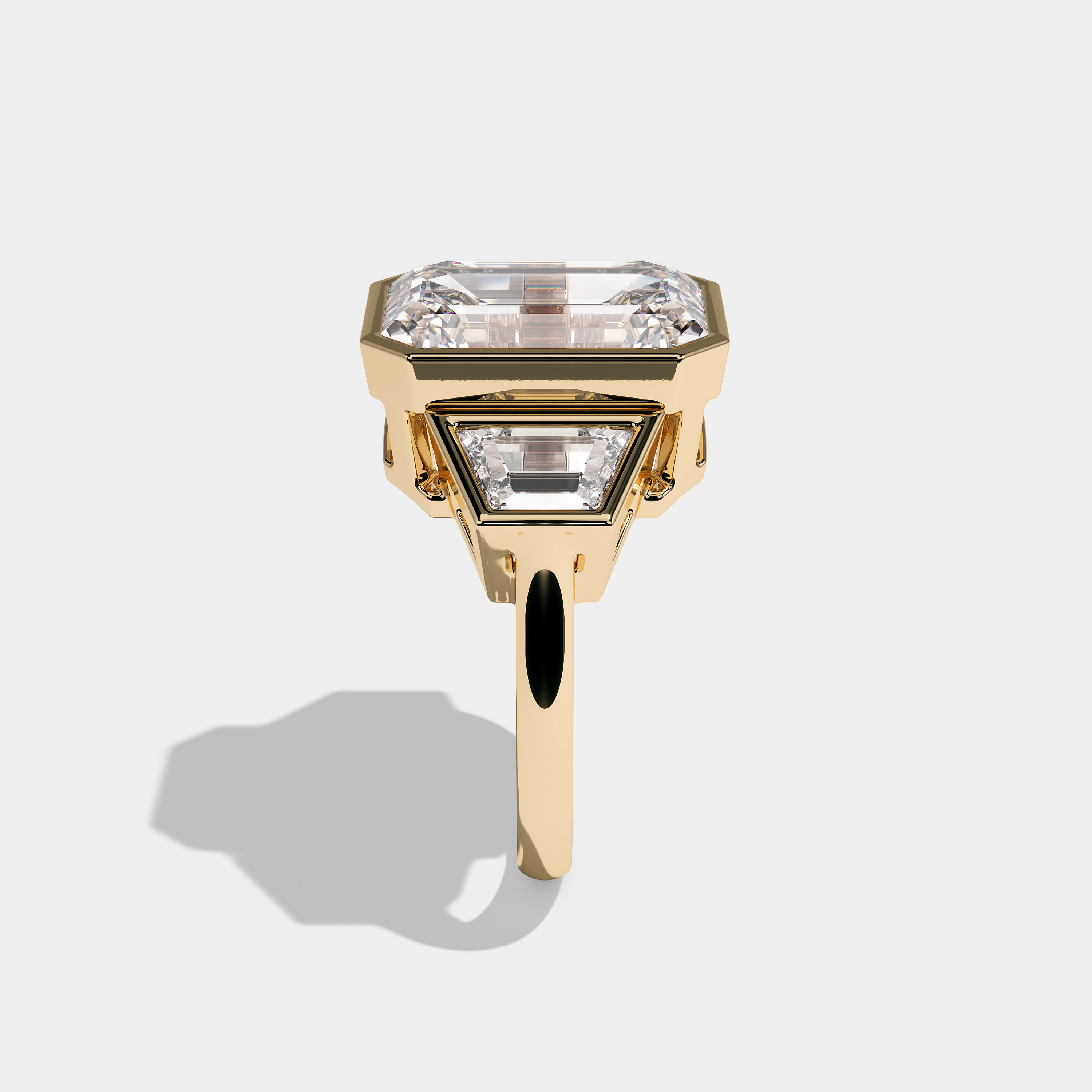 Side View – Kurbãni Durjini Rebello Diamond Emerald Cut Bezel Engagement Ring Yellow Gold