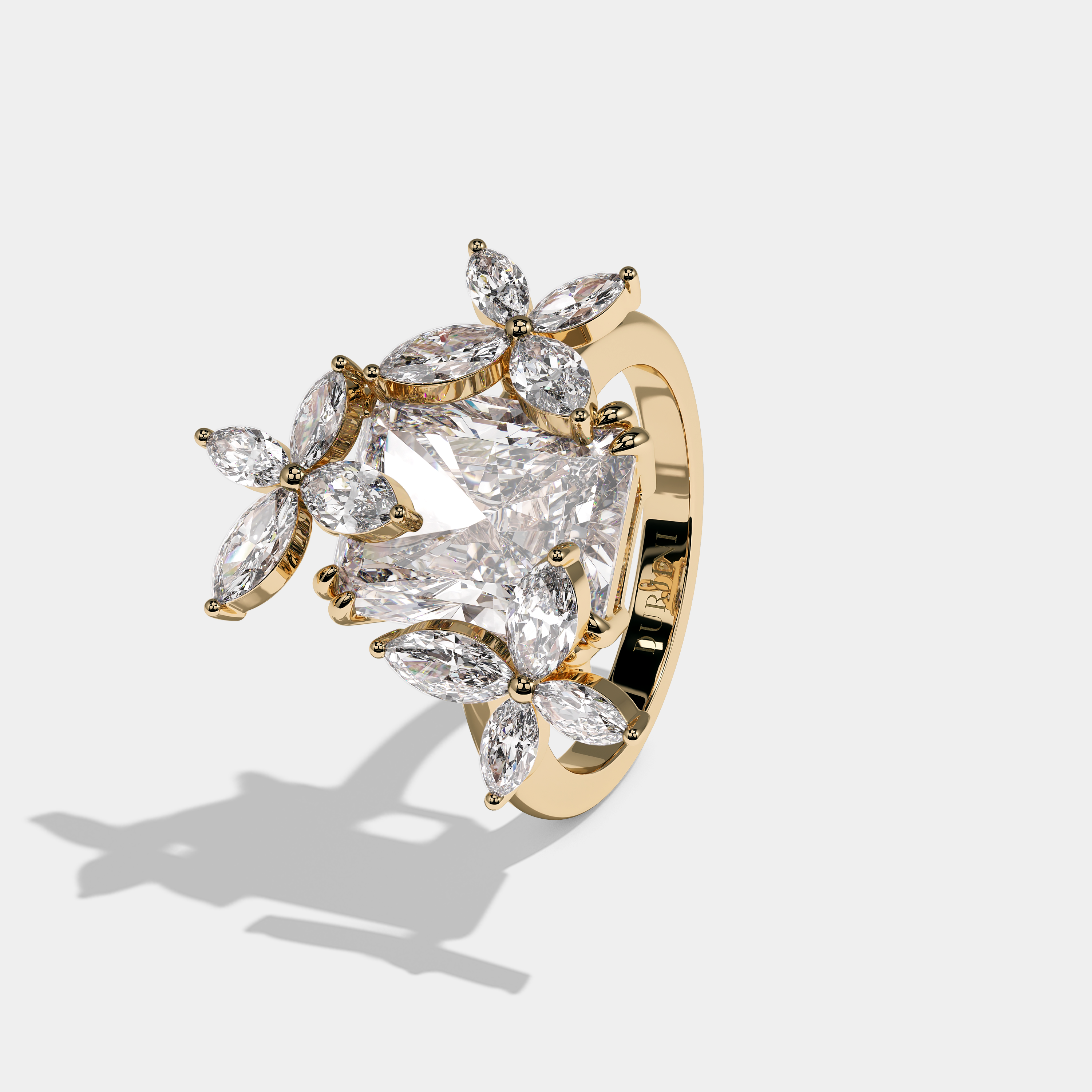 Left View – Kurbãni Durjini Charlotte Eclat Diamond Radiant Halo Engagement Ring Yellow Gold