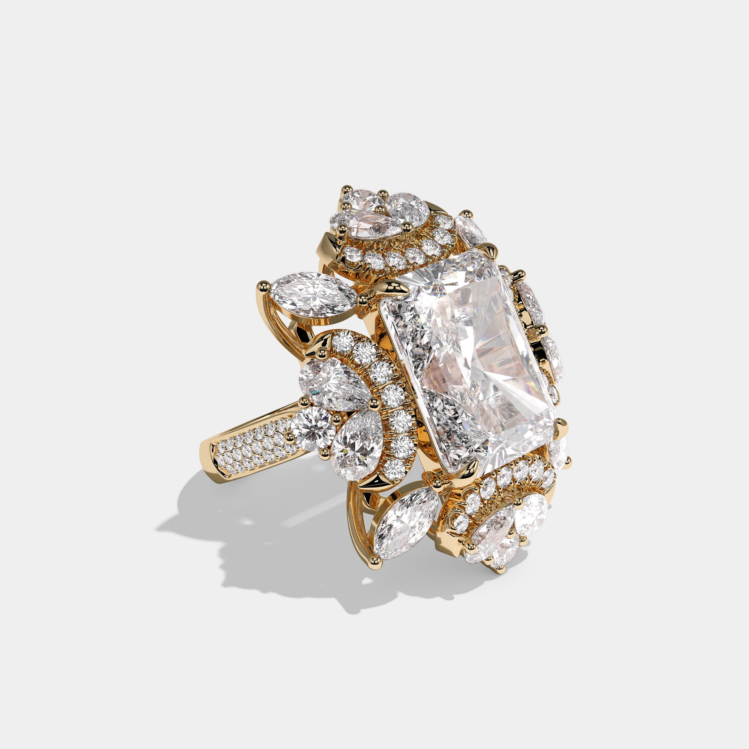 Victoria Elegance Diamond Radiant Halo Engagement Ring 18K Yellow Gold 40.00ct