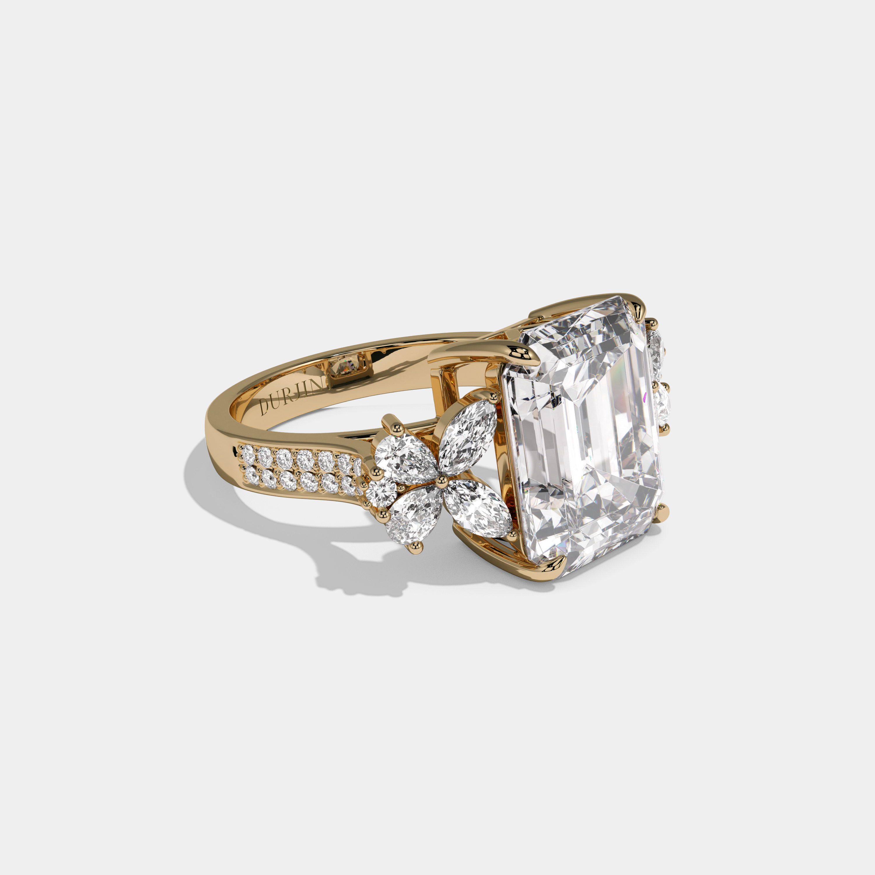 Eugenie Emerald Cut Diamond Halo With Butterfly Side Diamond Band Engagement Ring 10ct 18K Yellow Gold