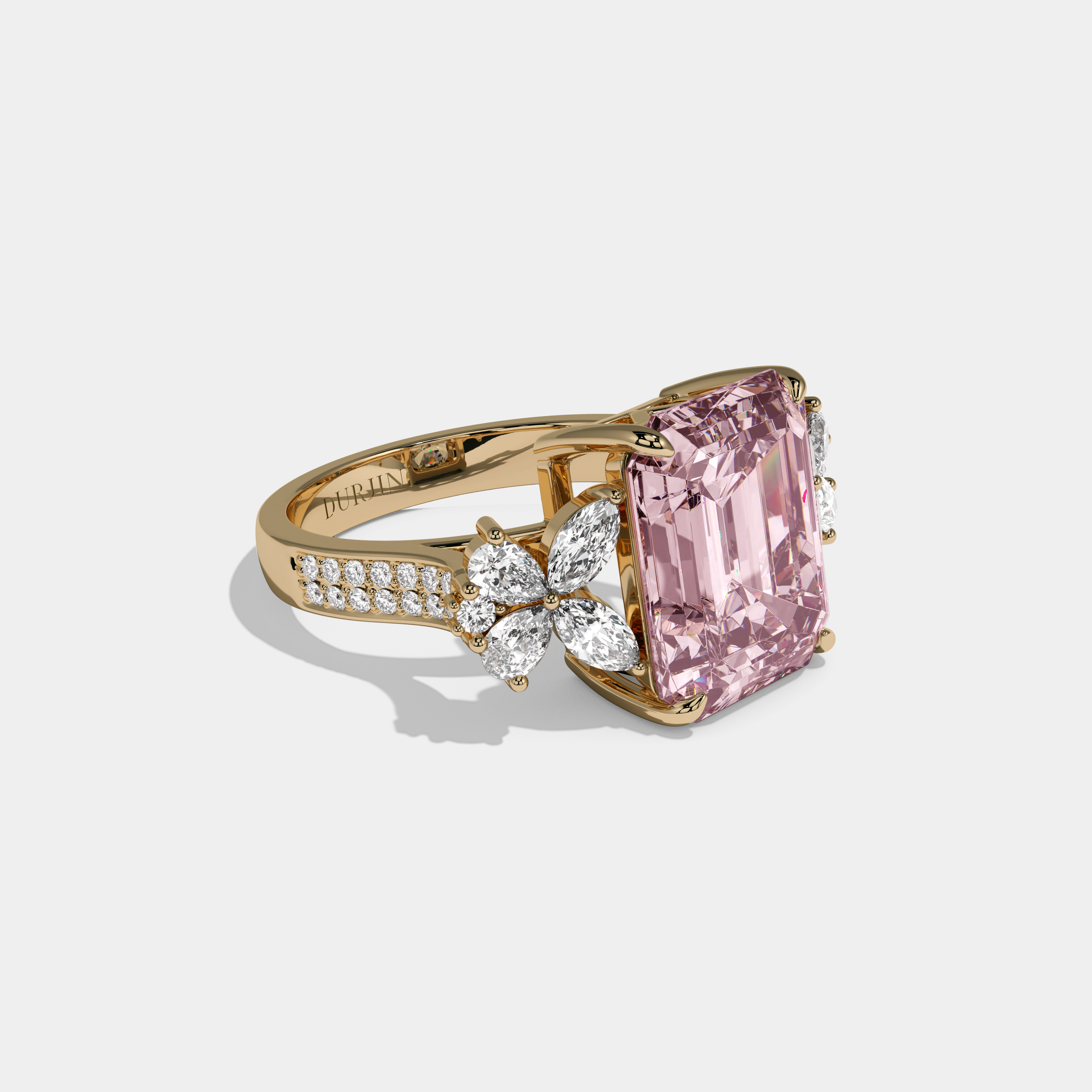 Helena Fancy Pink Emerald Cut Diamond Band Engagement Ring With Butterfly Sides 9ct 18K Yellow Gold