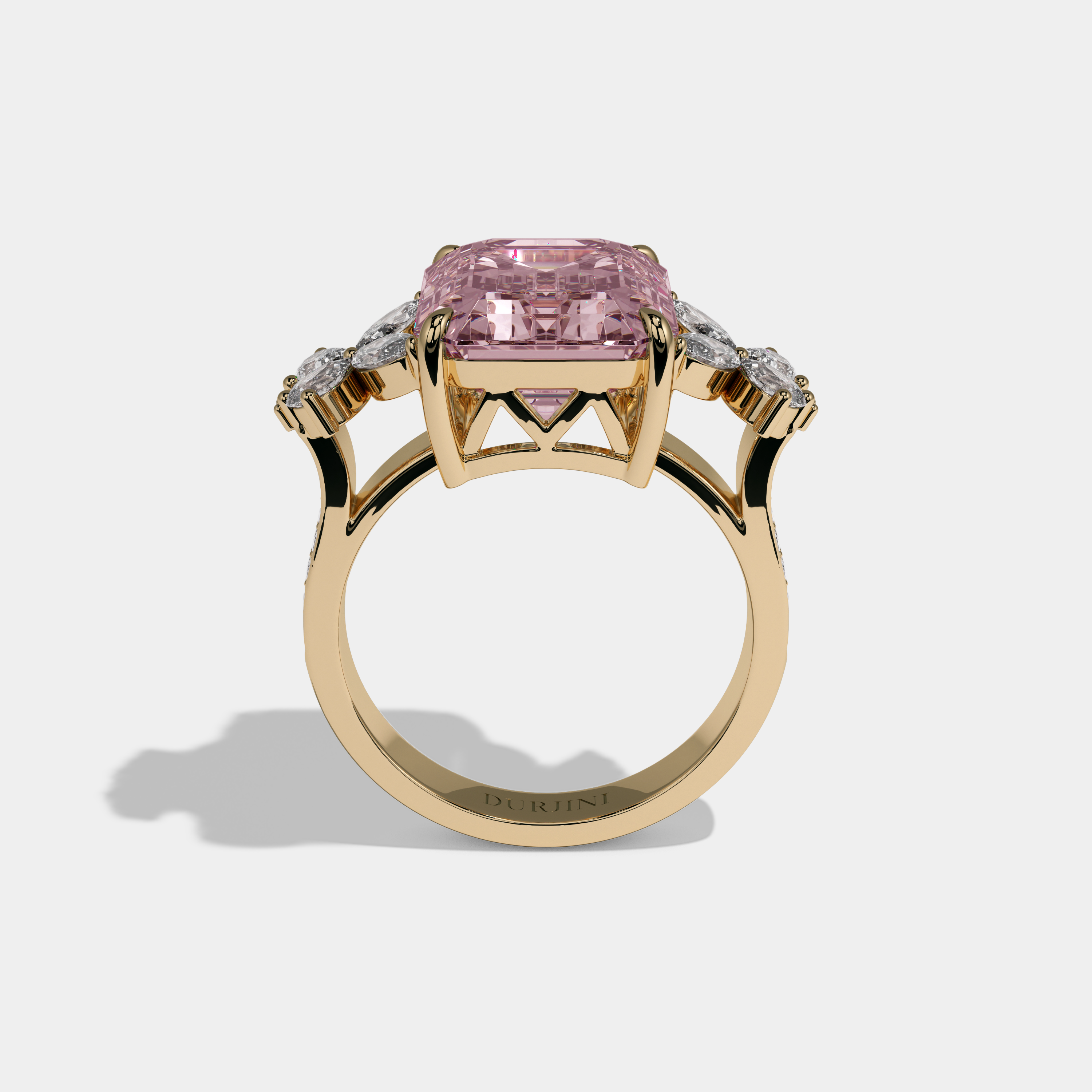 Helena Fancy Pink Emerald Cut Diamond Band Engagement Ring With Butterfly Sides 9ct 18K Yellow Gold
