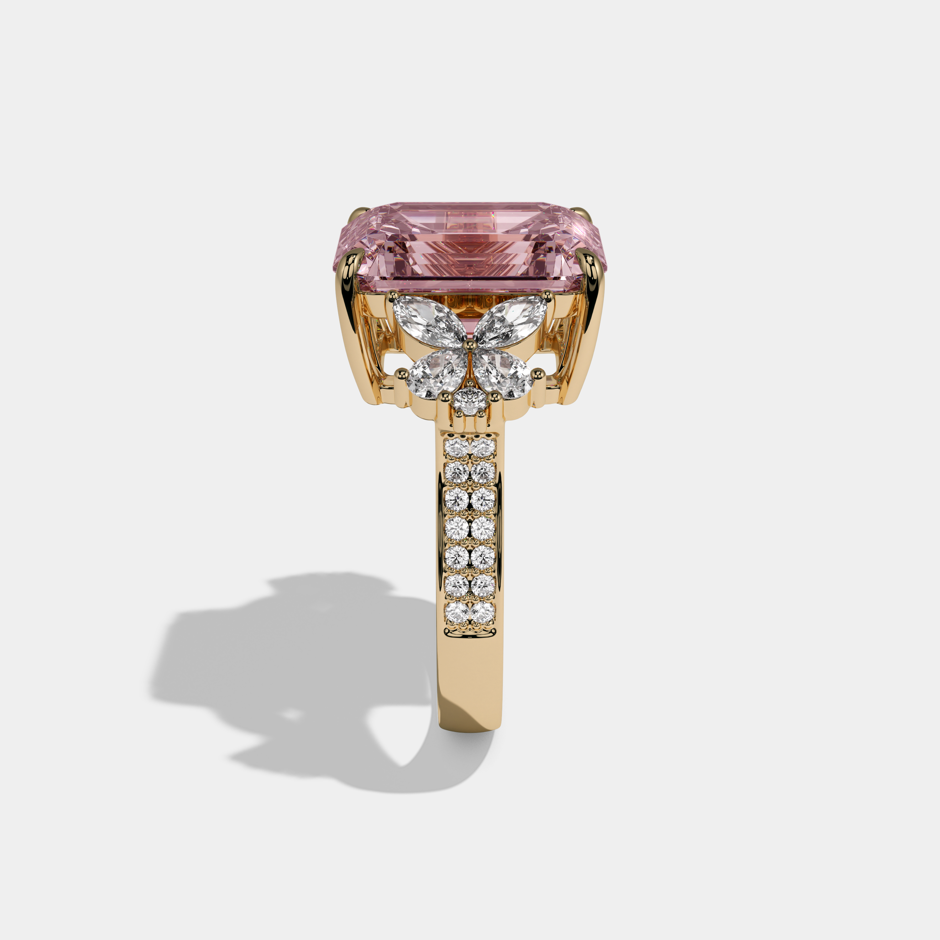 Helena Fancy Pink Emerald Cut Diamond Band Engagement Ring With Butterfly Sides 9ct 18K Yellow Gold