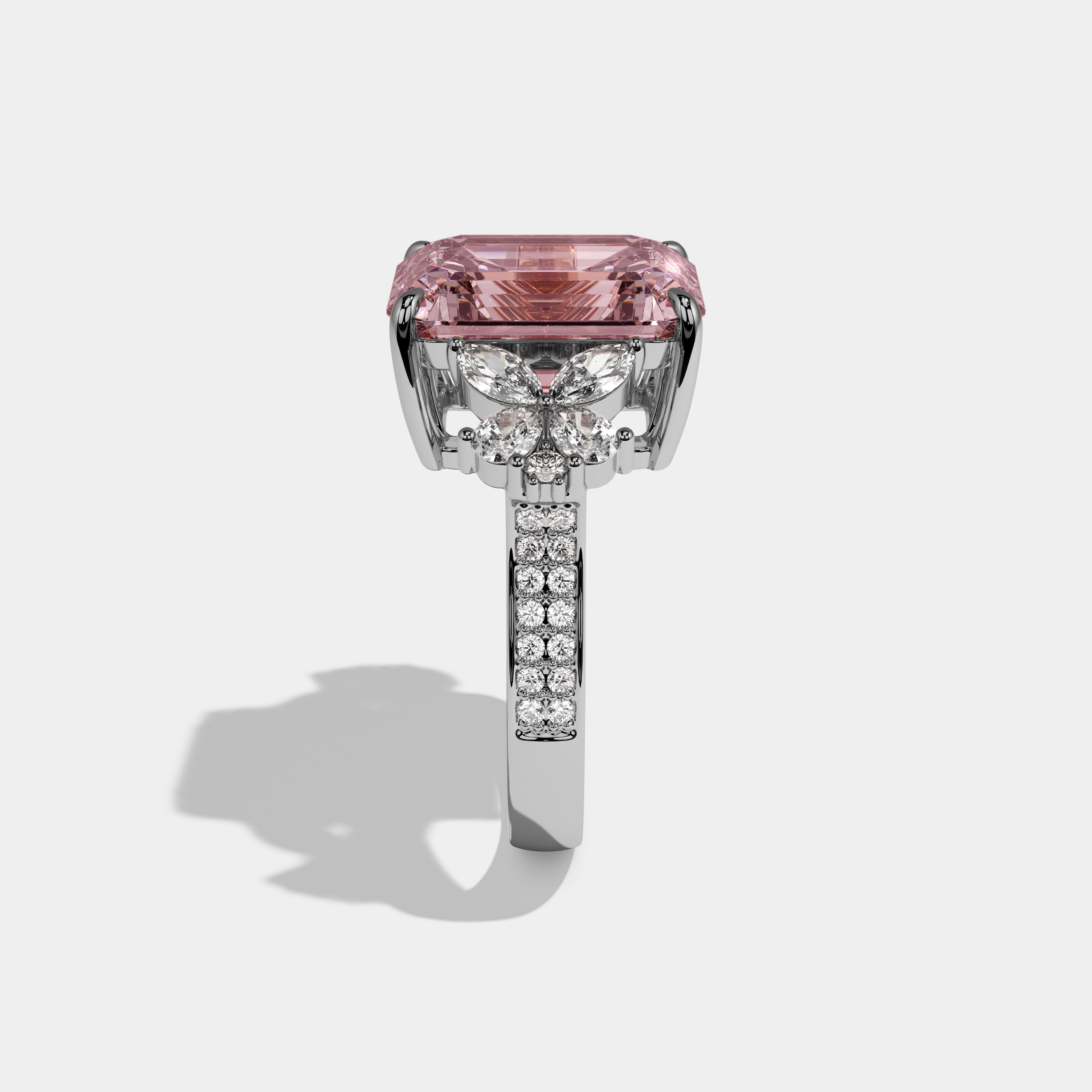Victoria Fancy Pink Emerald Cut Diamond Band Engagement Ring With Butterfly Sides 9ct 18K White Gold