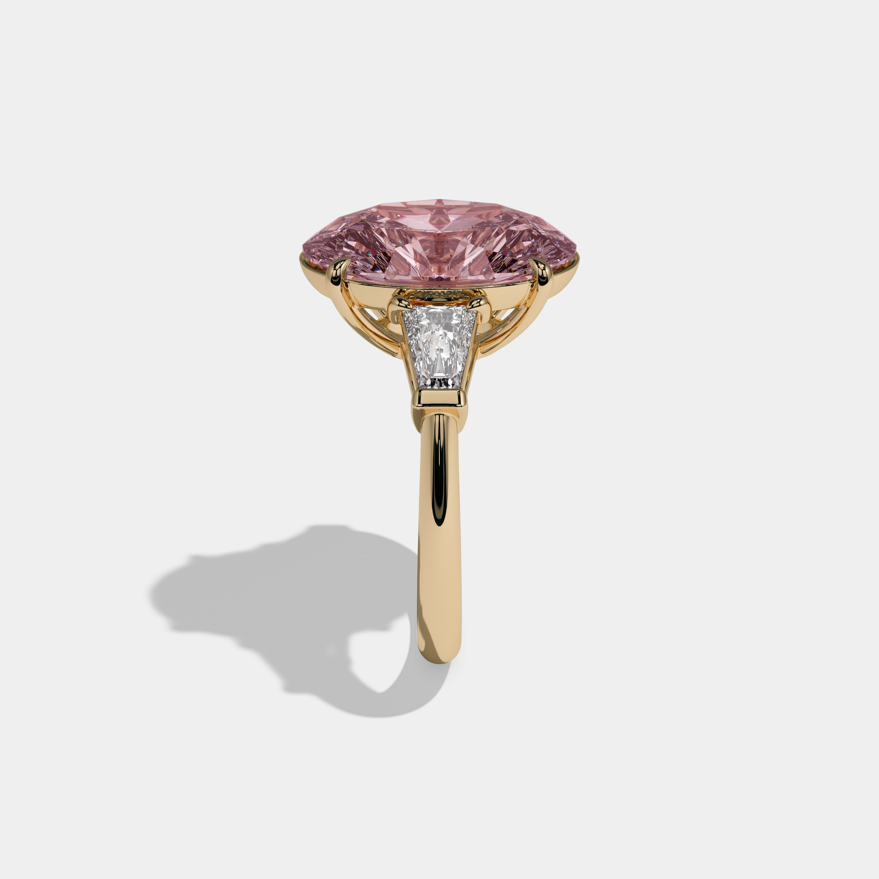 Helena Fancy Pink Oval Cut Diamond Plain Band With Tapered Baguette Cut Sides Engagement Ring 8ct 18K Yellow Gold