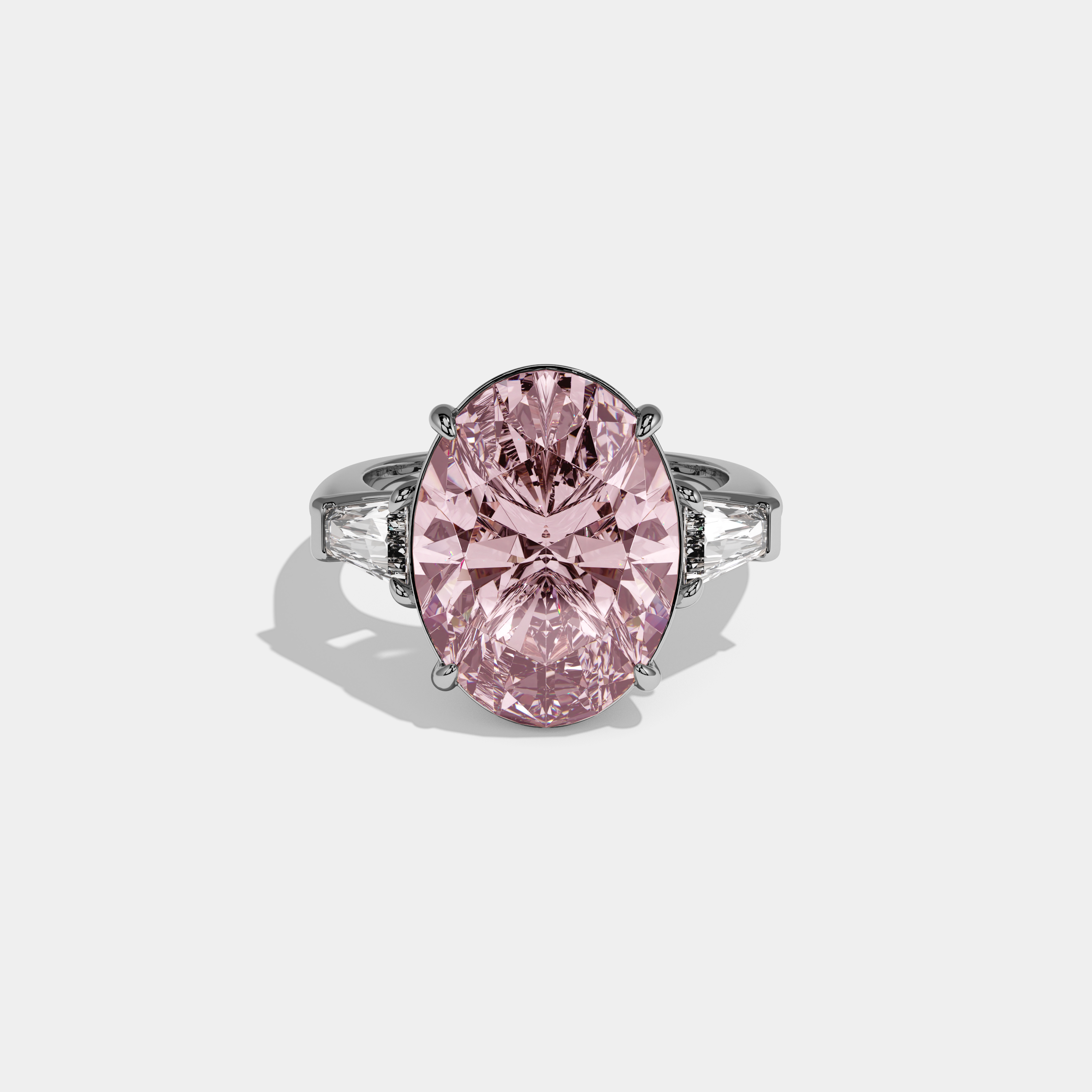 Victoria Fancy Pink Oval Cut Diamond Plain Band With Tapered Baguette Cut Sides Engagement Ring 8ct 18K White Gold