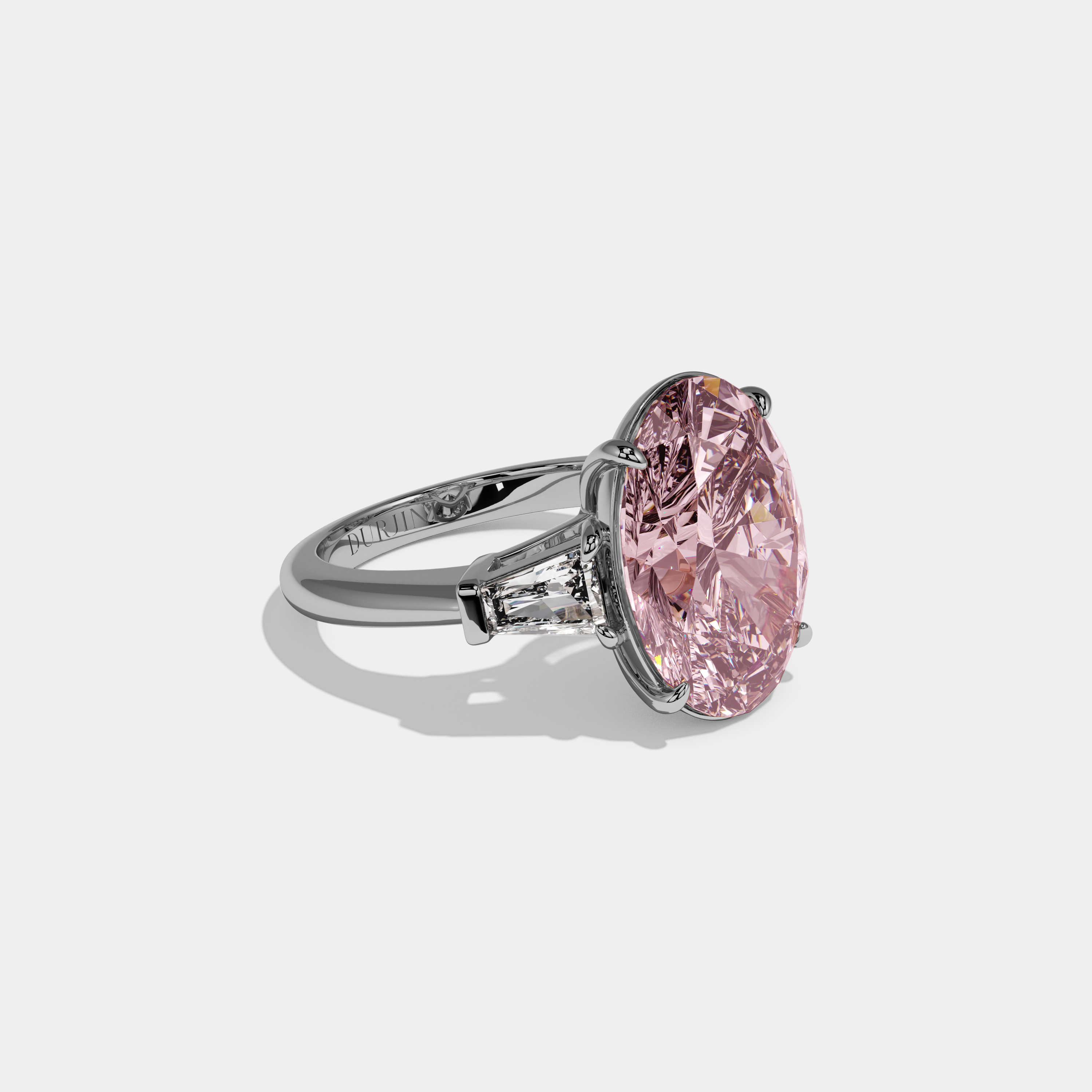 Victoria Fancy Pink Oval Cut Diamond Plain Band With Tapered Baguette Cut Sides Engagement Ring 8ct 18K White Gold