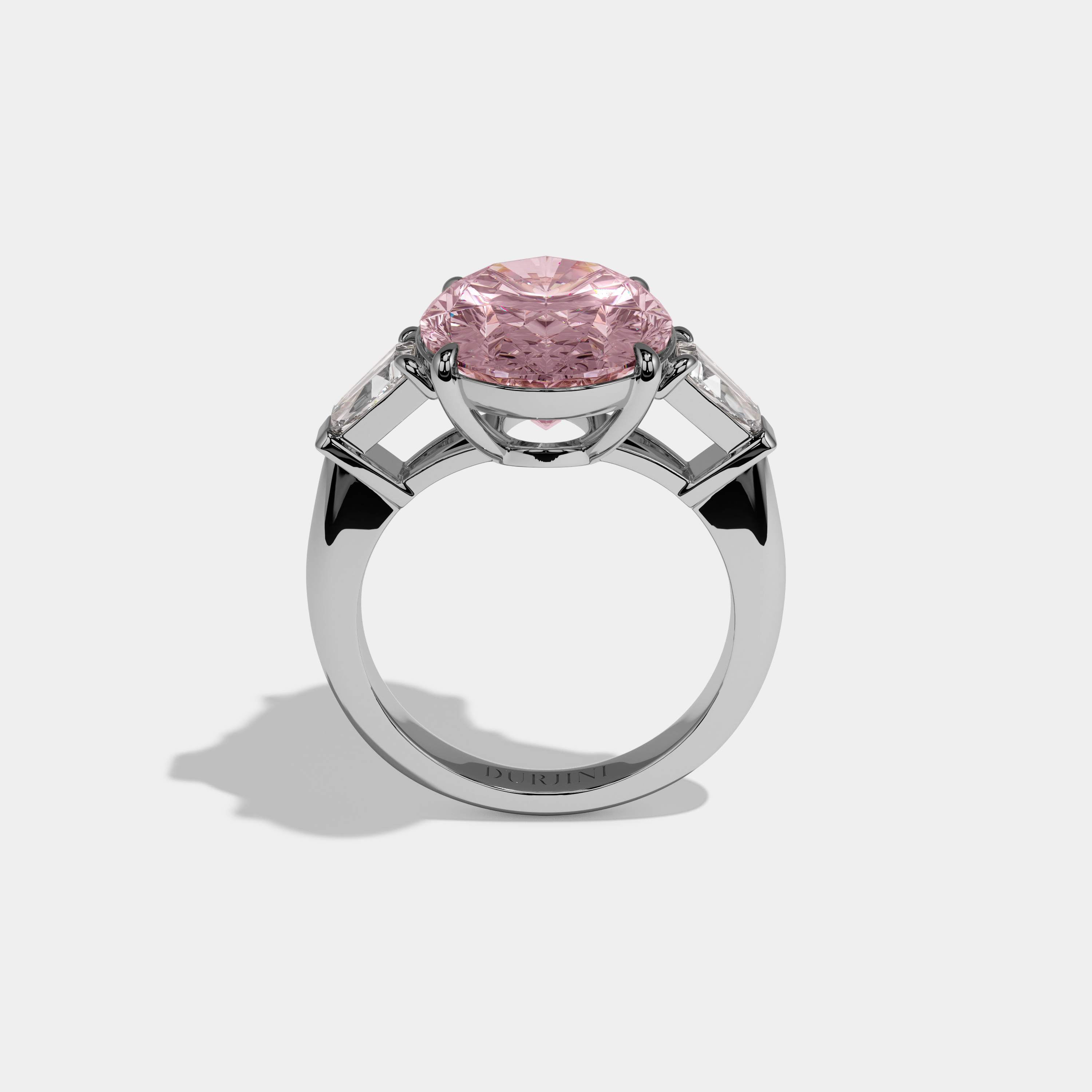 Victoria Fancy Pink Oval Cut Diamond Plain Band With Tapered Baguette Cut Sides Engagement Ring 8ct 18K White Gold