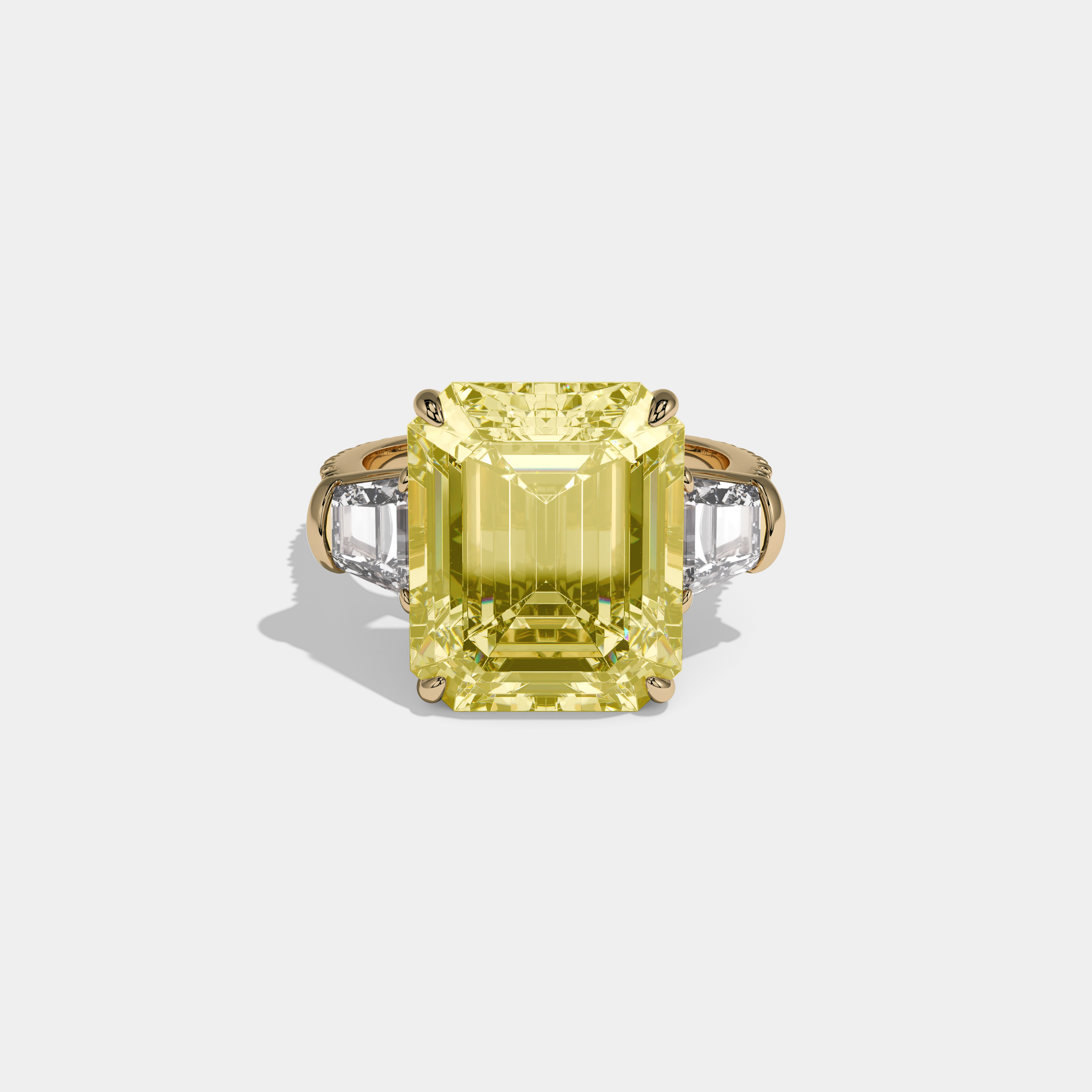 Catherine Fancy Yellow Emerald Cut Diamond Halo Band With Twin Stepcut Sides Engagement Ring 10ct 18k Yellow Gold