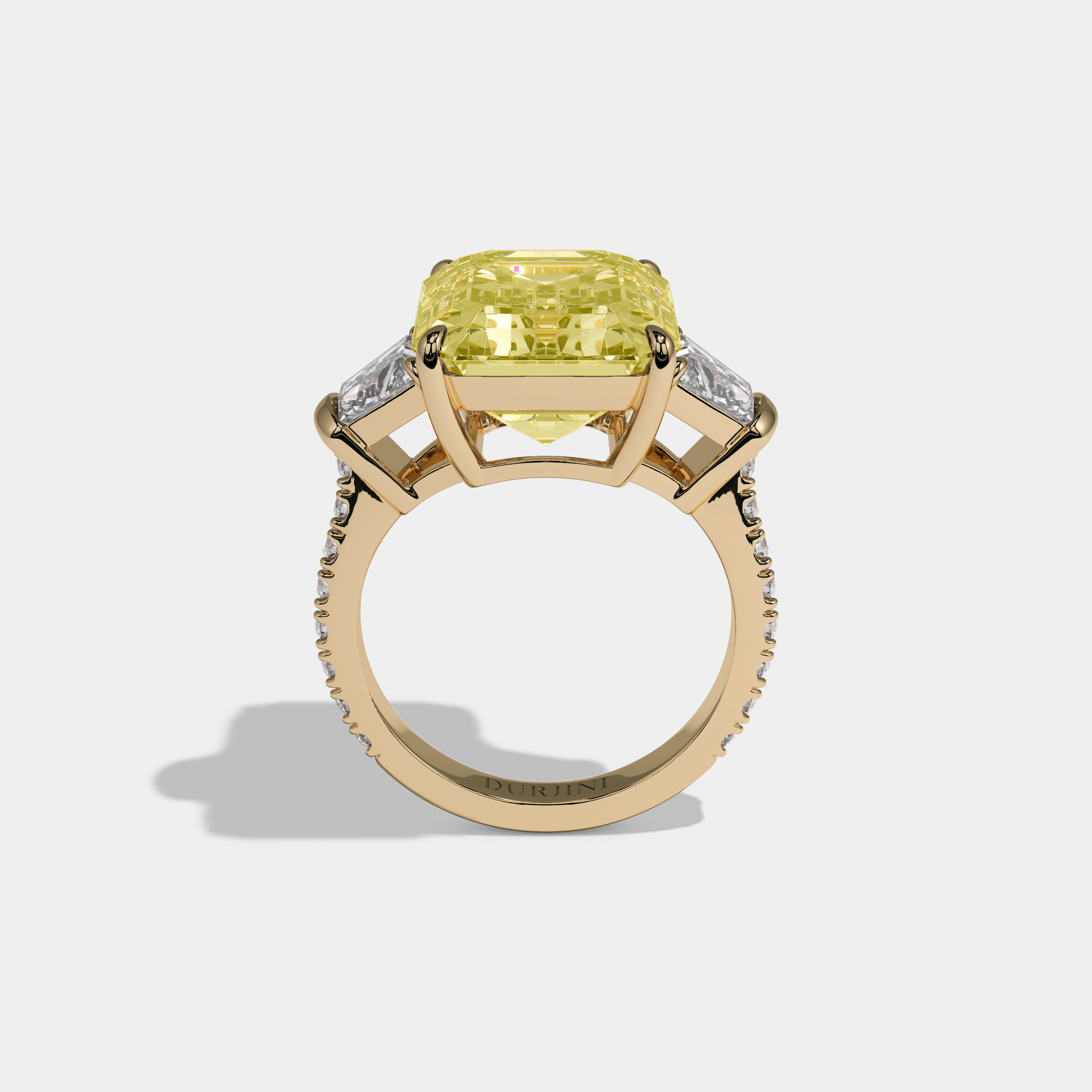Catherine Fancy Yellow Emerald Cut Diamond Halo Band With Twin Stepcut Sides Engagement Ring 10ct 18k Yellow Gold