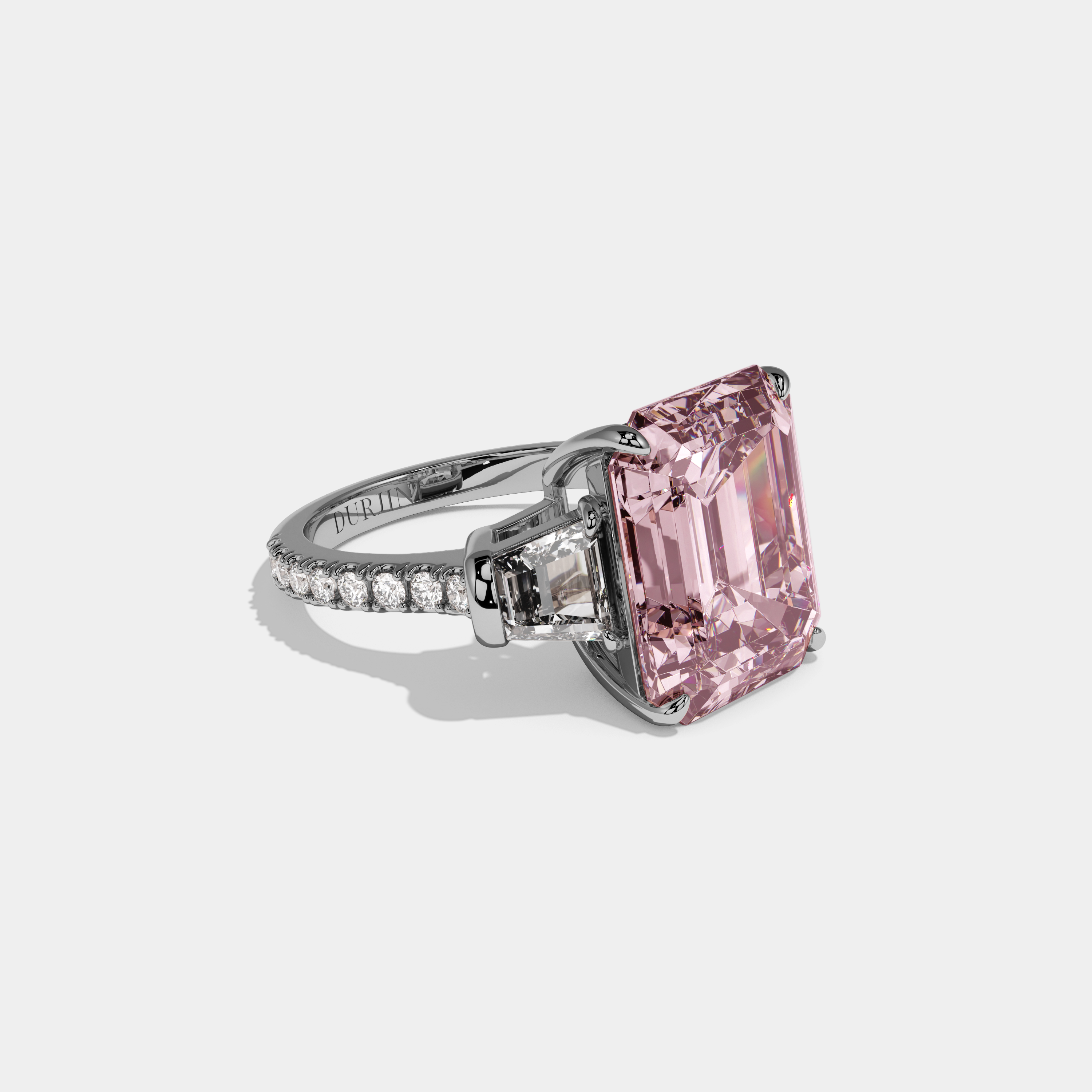 Alexandra Fancy Pink Emerald Cut Diamond Band Engagement Ring With Step Cut Sides 8ct 18K White Gold