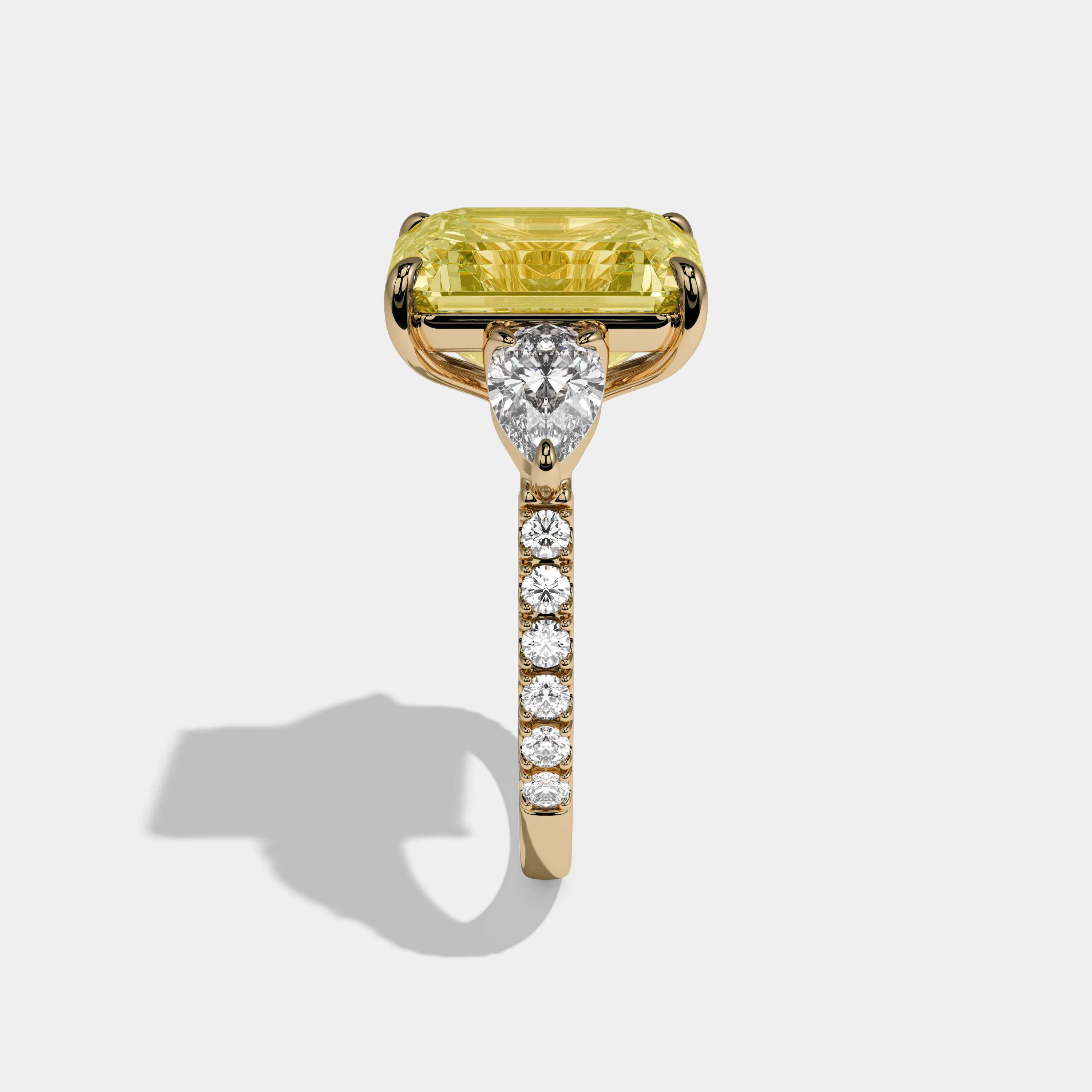 Elizabeth Fancy Yellow Emerald Cut Diamond Halo with Pear Sides Engagement Ring 10ct 18k Yellow Gold