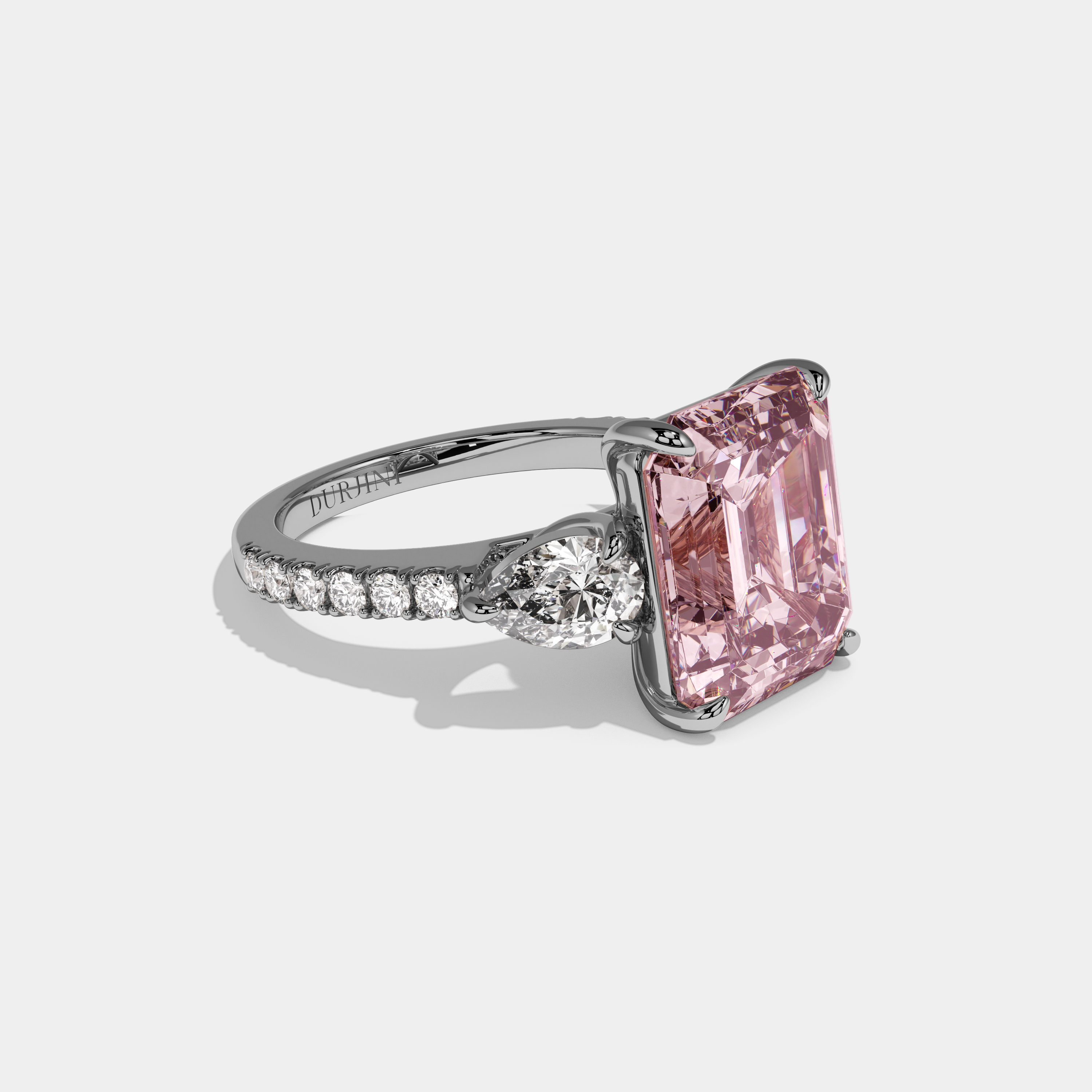 Alexandra Fancy Pink Emerald Cut Diamond Band With Pear Cuts Engagement Ring 8ct 18K White Gold