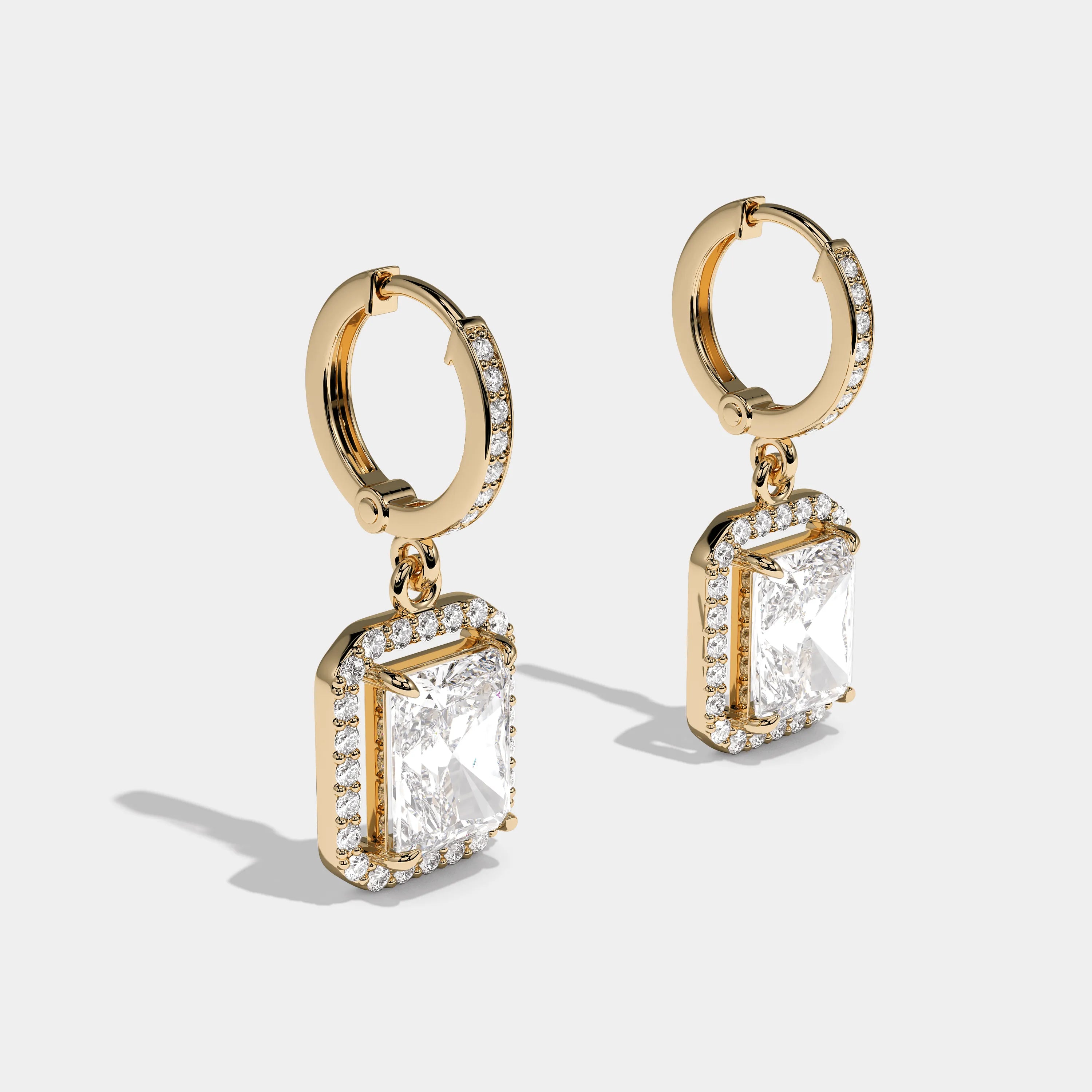 Full view Leopold Luminary Diamond Radiant Twin Halo Earrings Yellow Gold Kurbãni Durjini