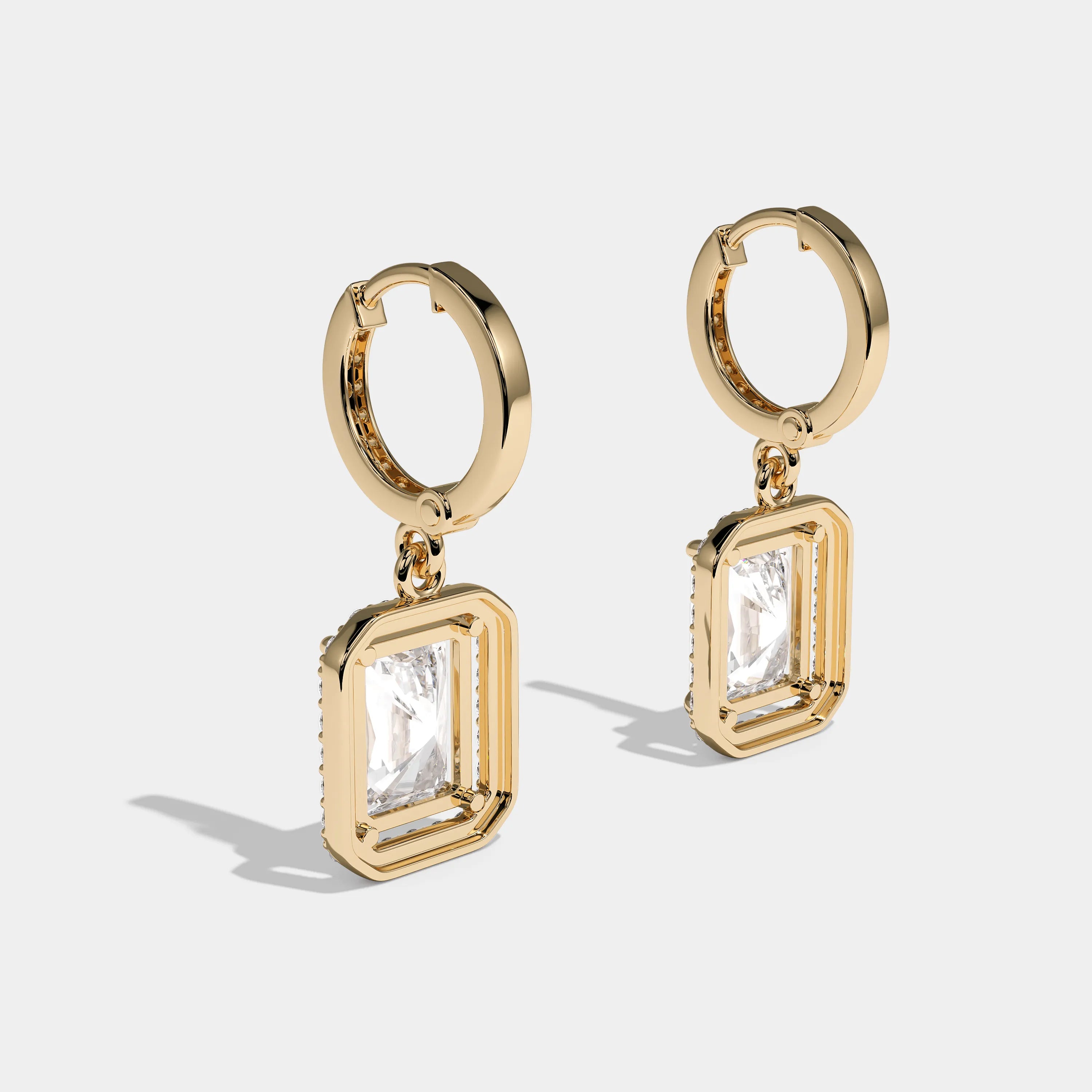 Back view Leopold Luminary Diamond Radiant Twin Halo Earrings Yellow Gold Kurbãni Durjini