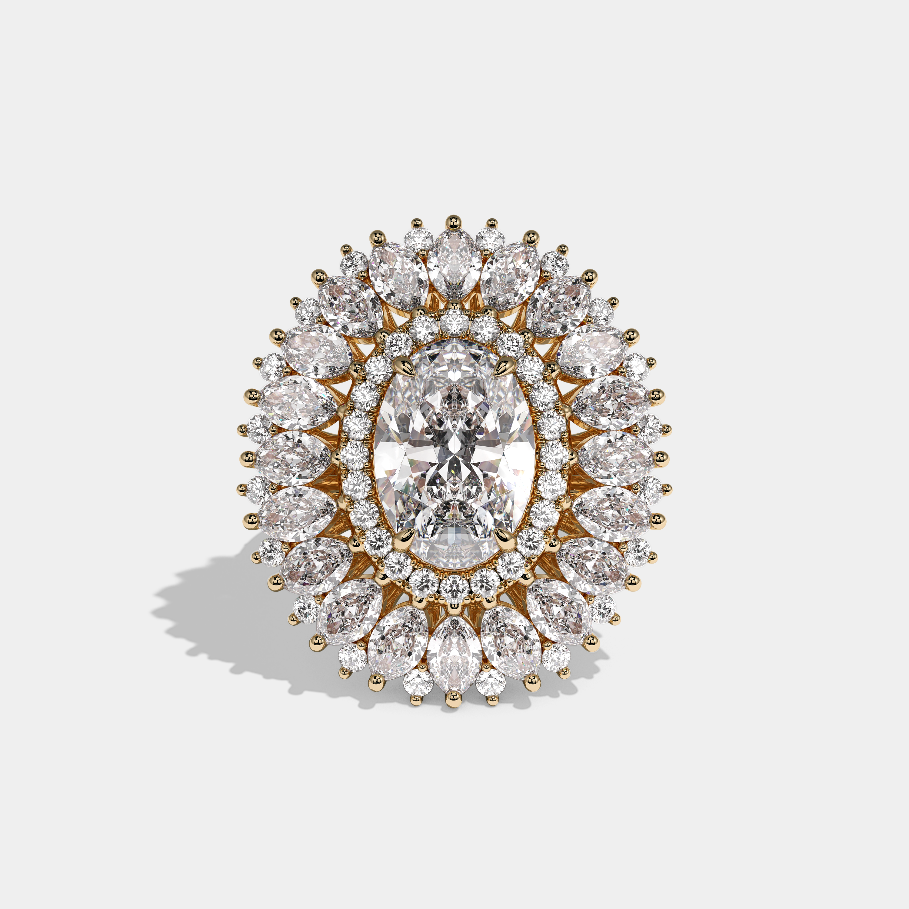 Florence Royale oval brilliant halo diamond engagement ring in 18K yellow gold by Kurbãni Durjini, front view