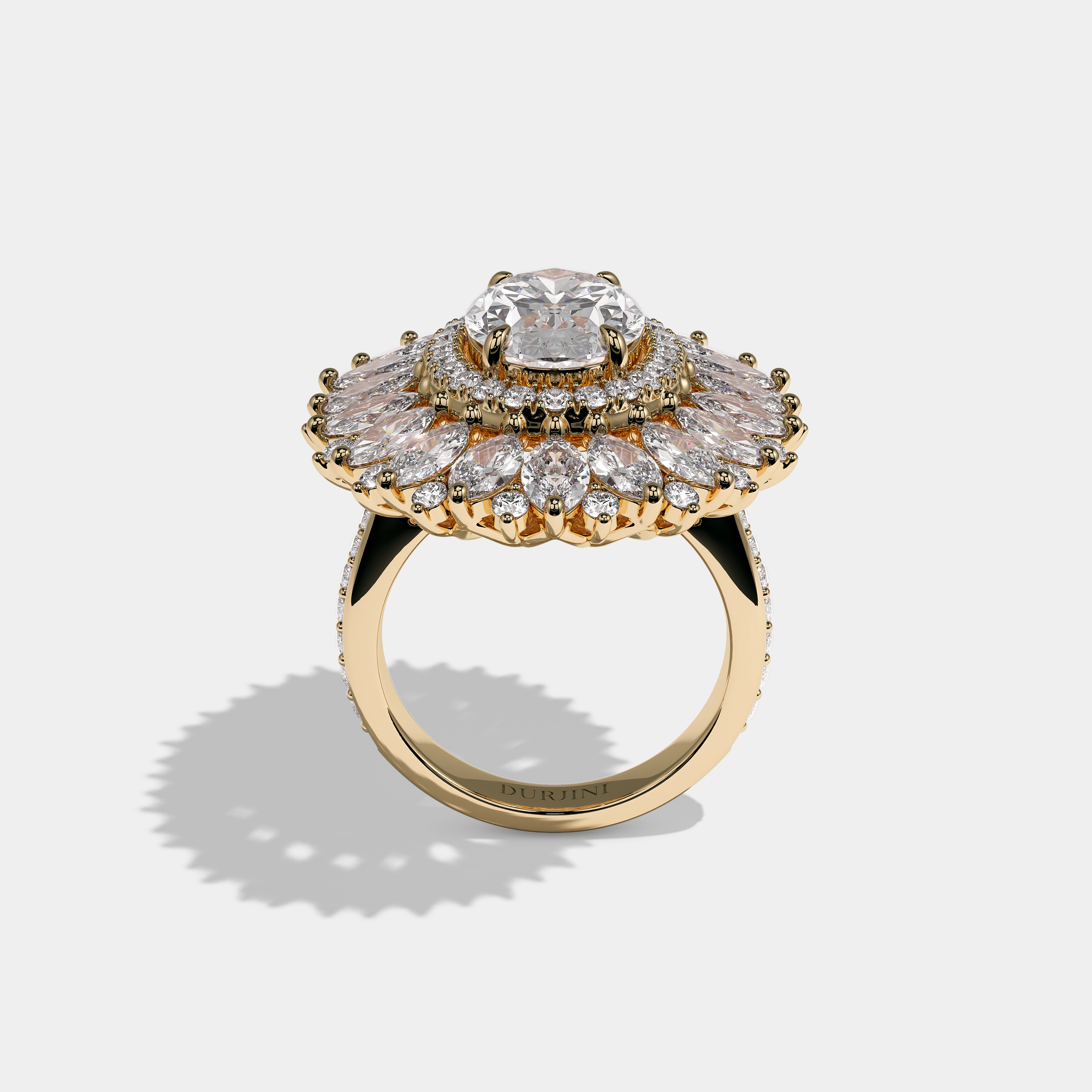 Florence Royale oval brilliant halo diamond engagement ring in 18K yellow gold by Kurbãni Durjini, full view