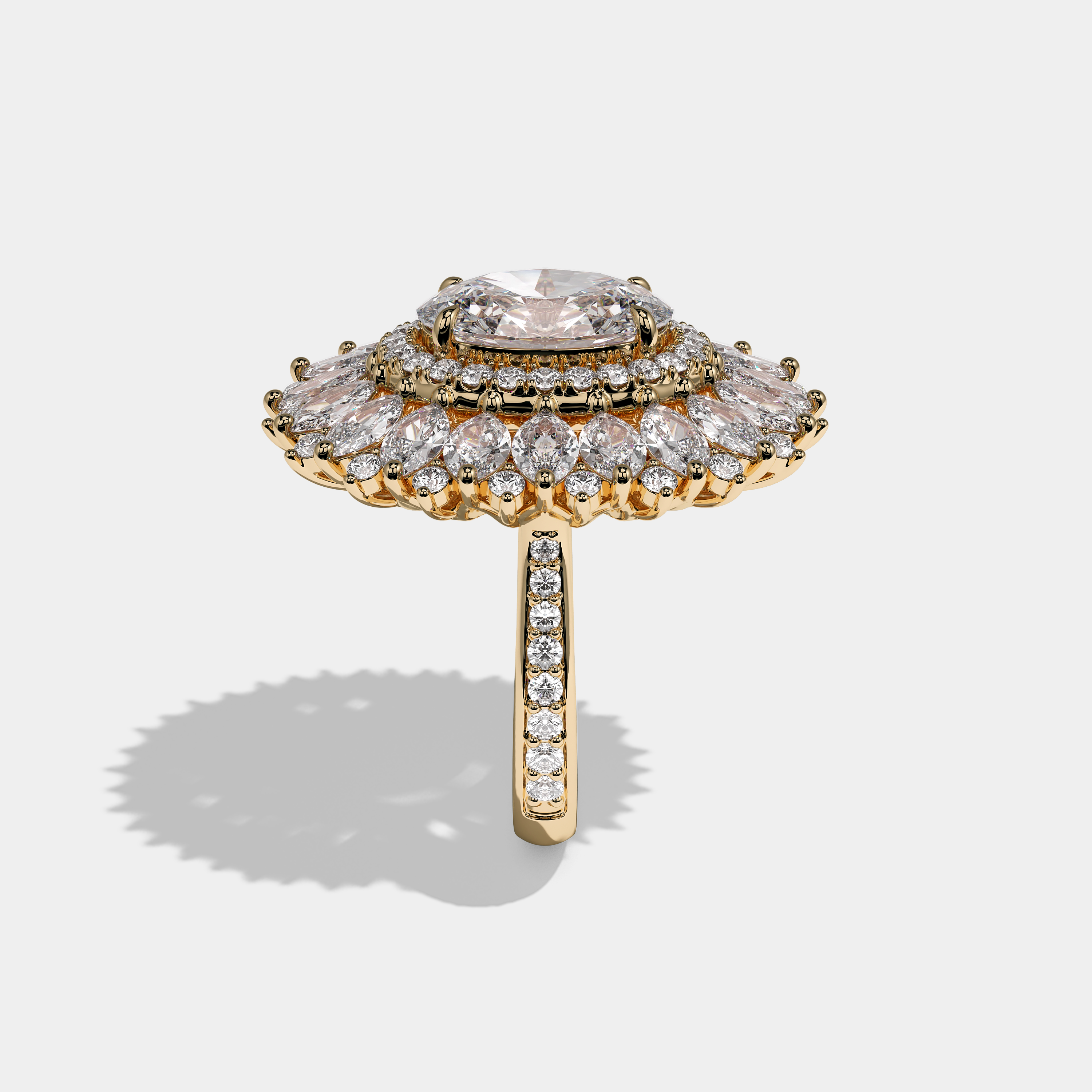 Florence Royale oval brilliant halo diamond engagement ring in 18K yellow gold by Kurbãni Durjini, side view