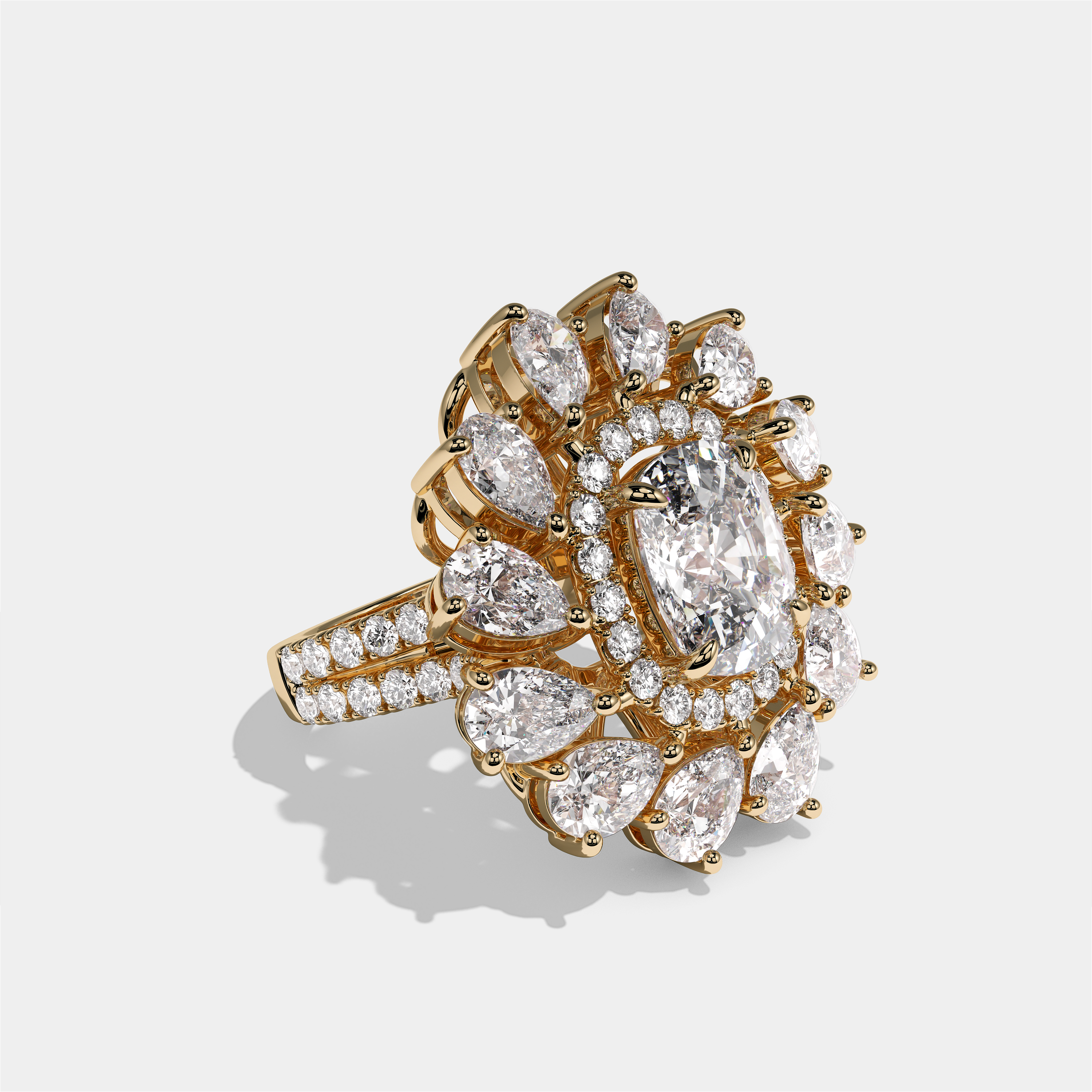 Beatrice Regent cushion halo diamond engagement ring in 18K yellow gold by Kurbãni Durjini, right view