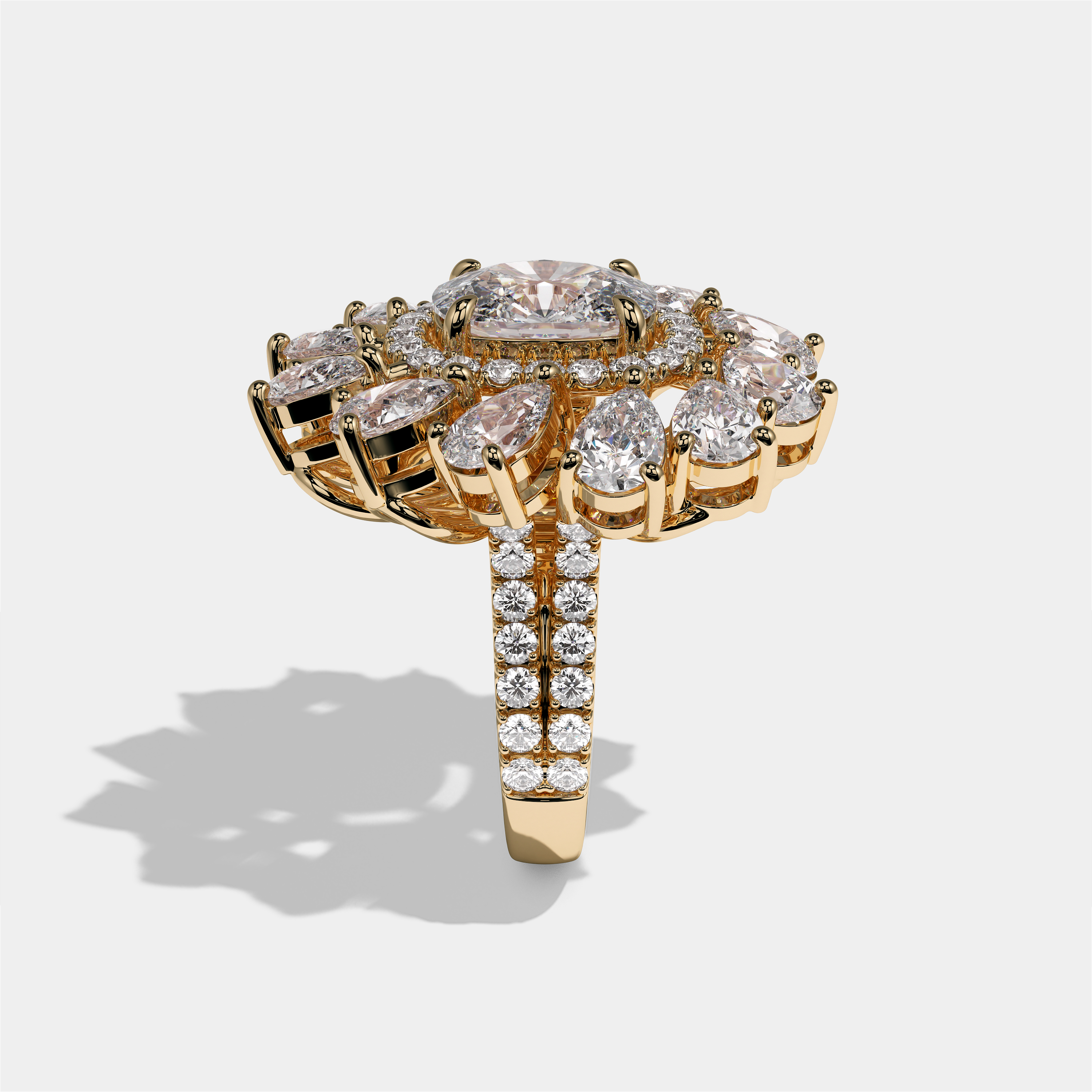Beatrice Regent cushion halo diamond engagement ring in 18K yellow gold by Kurbãni Durjini, side view