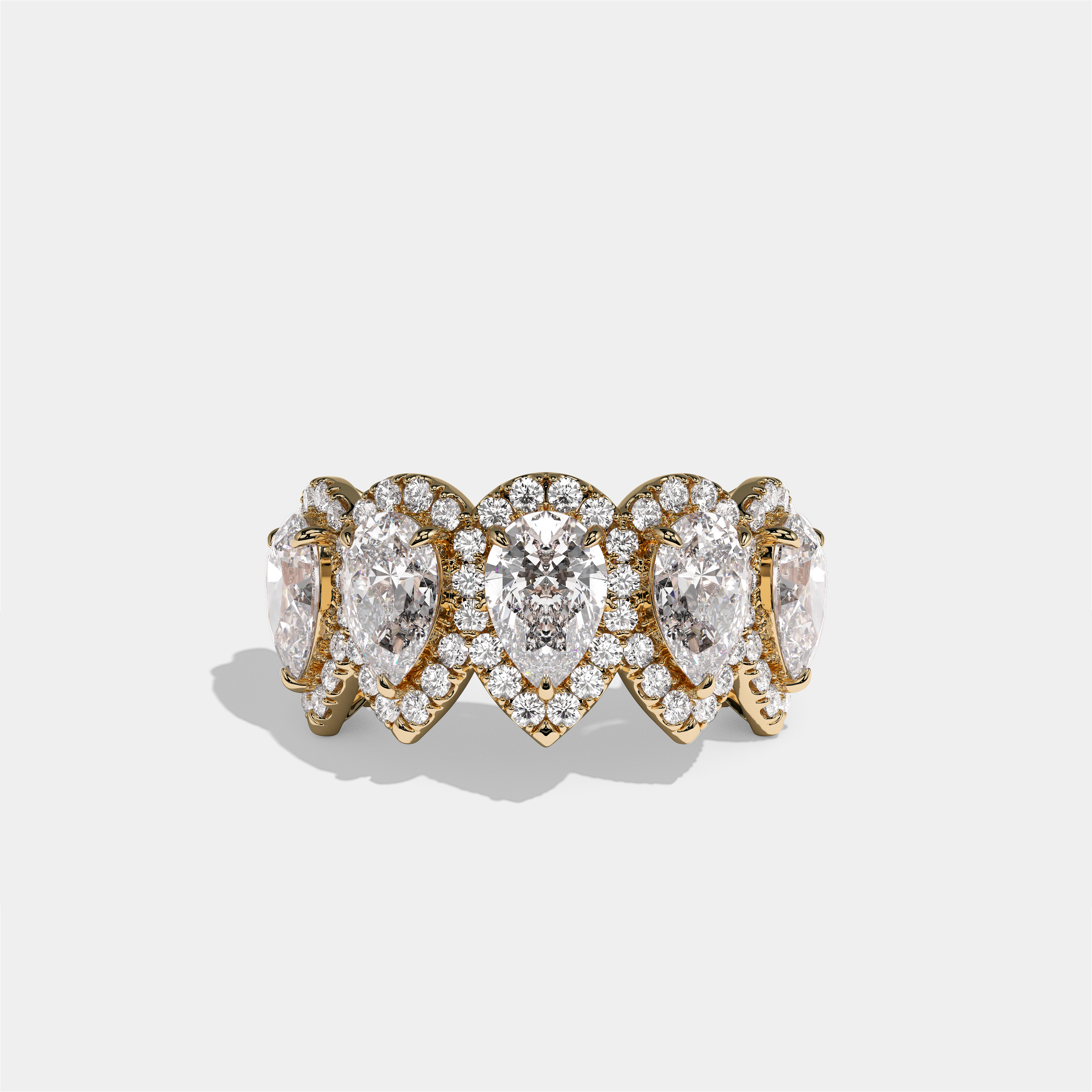 Maud Countess pear halo diamond engagement ring in 18K yellow gold by Kurbãni Durjini, front view