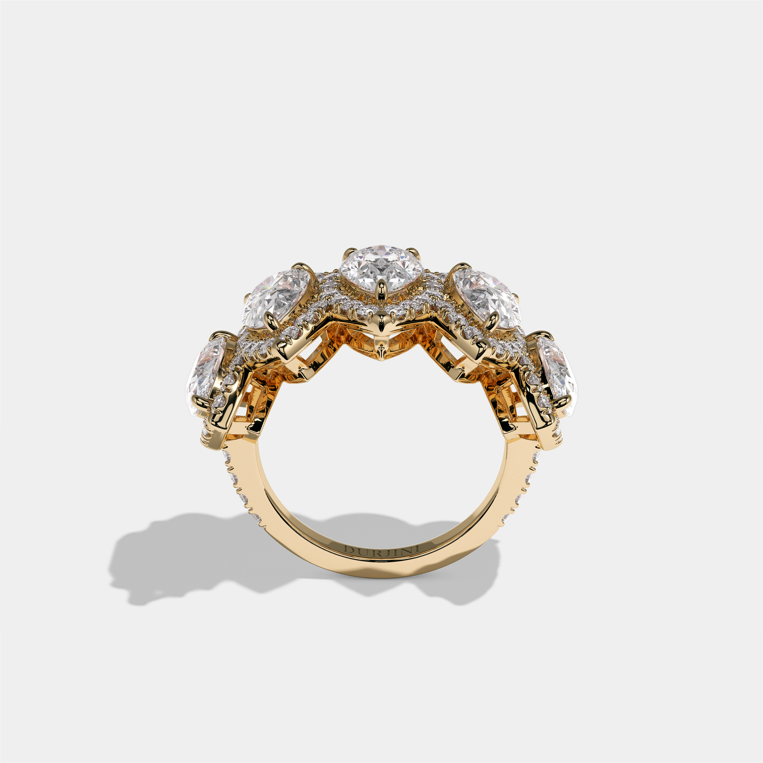 Maud Countess pear halo diamond engagement ring in 18K yellow gold by Kurbãni Durjini, full view